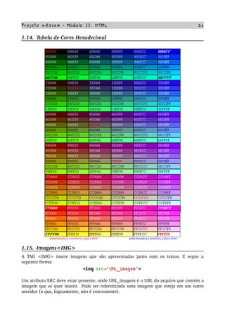 Projeto e­Jovem ­ Módulo II: HTML 26
1.14.  Tabela de Cores Hexadecimal
1.15.  Imagens<IMG>
A TAG <IMG> insere imagens que são apresentadas junto com os textos. E segue a 
seguinte forma:
Um atributo SRC deve estar presente, onde URL_imagem é o URL do arquivo que contém a 
imagem que se quer inserir.  Pode ser referenciada uma imagem que esteja em um outro 
servidor (o que, logicamente, não é conveniente).
 