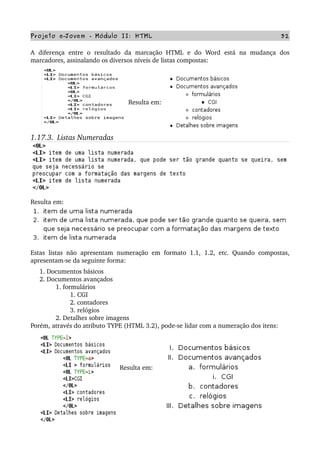 Projeto e­Jovem ­ Módulo II: HTML 32
A   diferença   entre   o   resultado   da   marcação   HTML   e   do   Word   está   na   mudança   dos 
marcadores, assinalando os diversos níveis de listas compostas:
Resulta em:
1.17.3.  Listas Numeradas
Resulta em:
Estas listas não apresentam numeração em formato 1.1, 1.2, etc. Quando compostas, 
apresentam­se da seguinte forma:
     1. Documentos básicos
     2. Documentos avançados
              1. formulários
                      1. CGI
                      2. contadores
                      3. relógios
              2. Detalhes sobre imagens
Porém, através do atributo TYPE (HTML 3.2), pode­se lidar com a numeração dos itens:
Resulta em:
 
