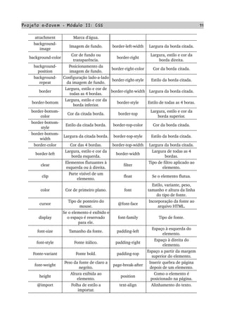 Projeto e­Jovem ­ Módulo II: CSS 71
attachment Marca d'água.
background­
image
Imagem de fundo. border­left­width Largura da borda citada.
background­color
Cor de fundo ou 
transparência.
border­right
Largura, estilo e cor da 
borda direita.
background­
position
Posicionamento da 
imagem de fundo.
border­right­color Cor da borda citada.
background­
repeat
Configuração lado­a­lado 
da imagem de fundo.
border­right­style Estilo da borda citada.
border
Largura, estilo e cor de 
todas as 4 bordas.
border­right­width Largura da borda citada.
border­bottom
Largura, estilo e cor da 
borda inferior.
border­style Estilo de todas as 4 boras.
border­bottom­
color
Cor da citada borda. border­top
Largura, estilo e cor da 
borda superior.
border­bottom­
style
Estilo da citada borda. border­top­color Cor da borda citada.
border­bottom­
width
Largura da citada borda. border­top­style Estilo da borda citada.
border­color Cor das 4 bordas. border­top­width Largura da borda citada.
border­left
Largura, estilo e cor da 
borda esquerda.
border­width
Largura de todas as 4 
bordas.
clear
Elementos flutuantes à 
esquerda ou à direita.
filter
Tipo de filtro aplicado ao 
elemento.
clip
Parte visível de um 
elemento.
float Se o elemento flutua.
color Cor de primeiro plano. font
Estilo, variante, peso, 
tamanho e altura da linha 
do tipo de fonte.
cursor
Tipo de ponteiro do 
mouse.
@font­face
Incorporação da fonte ao 
arquivo HTML.
display
Se o elemento é exibido e 
o espaço é reservado 
para ele.
font­family Tipo de fonte.
font­size Tamanho da fonte. padding­left
Espaço à esquerda do 
elemento.
font­style Fonte itálico. padding­right
Espaço à direita do 
elemento.
Fonte­variant Fonte bold. padding­top
Espaço a partir da margem 
superior do elemento.
font­weight
Peso da fonte de claro a 
negrito.
page­break­after
Inserir quebra de página 
depois de um elemento.
height
Altura exibida ao 
elemento.
position
Como o elemento é 
posicionado na página.
@import Folha de estilo a 
importar.
text­align Alinhamento do texto.
 