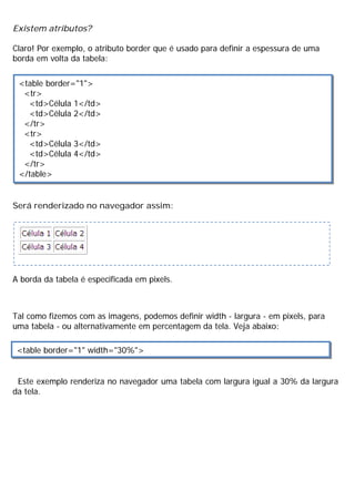 Existem atributos?
Claro! Por exemplo, o atributo border que é usado para definir a espessura de uma
borda em volta da tabela:
Será renderizado no navegador assim:
A borda da tabela é especificada em pixels.
Tal como fizemos com as imagens, podemos definir width - largura - em pixels, para
uma tabela - ou alternativamente em percentagem da tela. Veja abaixo:
Este exemplo renderiza no navegador uma tabela com largura igual a 30% da largura
da tela.
<table border="1">
<tr>
<td>Célula 1</td>
<td>Célula 2</td>
</tr>
<tr>
<td>Célula 3</td>
<td>Célula 4</td>
</tr>
</table>
<table border="1" width="30%">
 