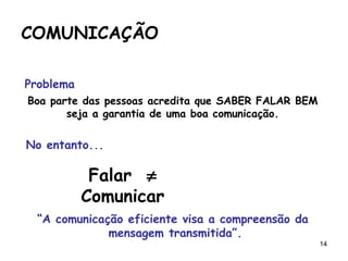 14
Problema
Falar ≠
Comunicar
Boa parte das pessoas acredita que SABER FALAR BEM
seja a garantia de uma boa comunicação.
No entanto...
“A comunicação eficiente visa a compreensão da
mensagem transmitida”.
COMUNICAÇÃO
 