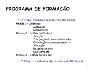 3
PROGRAMA DE FORMAÇÃO
 1ª Etapa – Formação do Líder Yoki (09 horas)
Módulo 1 – Liderança:
• Motivação
• Comunicação
Módulo 2 – Gestão de Pessoas
• Seleção
• Integração do novo colaborador
• Orientação e acompanhamento
• Avaliação
• Reconhecimento
• Desligamento
Módulo 3 – Gestão de Equipes
 2ª Etapa – Palestras de Aprofundamento (02 horas)
 