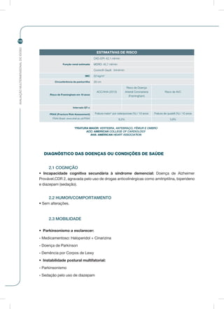 AVALIAÇÃOMULTIDIMENSIONALDOIDOSO
100
ESTIMATIVAS DE RISCO
Função renal estimada
CKD-EPI: 42,1 ml/min
MDRD: 45,7 ml/min
Cockroft-Gault: 34ml/min
IMC 22 kg/m2
Circunferência da panturrilha 29 cm
Risco de Framingham em 10 anos
ACC/AHA (2013)
Risco de Doença
Arterial Coronariana
(Framingham)
Risco de AVC
Intervalo QT-c
FRAX (Fracture Risk Assessment)
FRAX Brasil: www.shef.ac.uk/FRAX
Fratura maior* por osteoporose (%) / 10 anos Fratura de quadril (%) / 10 anos
8,5% 3,8%
DIAGNÓSTICO DAS DOENÇAS OU CONDIÇÕES DE SAÚDE
2.1 COGNIÇÃO
• Incapacidade cognitiva secundária à síndrome demencial: Doença de Alzheimer
Provável,CDR 2, agravada pelo uso de drogas anticolinérgicas como amitriptilina, biperideno
e diazepam (sedação).
2.2 HUMOR/COMPORTAMENTO
• Sem alterações.
2.3 MOBILIDADE
•	 Parkinsonismo a esclarecer:
- Medicamentoso: Haloperidol + Cinarizina
- Doença de Parkinson
- Demência por Corpos de Lewy
•	 Instabilidade postural multifatorial:
- Parkinsonismo
- Sedação pelo uso de diazepam
*FRATURA MAIOR: VERTEBRA, ANTEBRAÇO, FÊMUR E OMBRO
ACC: AMERICAN COLLEGE OF CARDIOLOGY
AHA: AMERICAN HEART ASSOCIATION
 