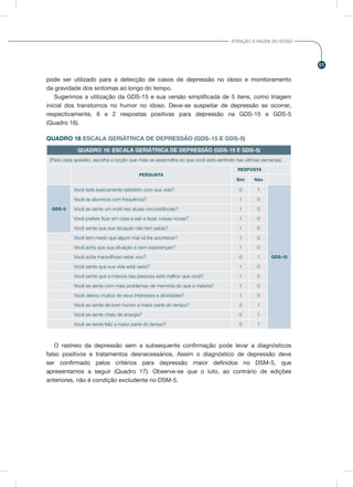51
ATENÇÃO À SAÚDE DO IDOSO
pode ser utilizado para a detecção de casos de depressão no idoso e monitoramento
da gravidade dos sintomas ao longo do tempo.
Sugerimos a utilização da GDS-15 e sua versão simplificada de 5 itens, como triagem
inicial dos transtornos no humor no idoso. Deve-se suspeitar de depressão se ocorrer,
respectivamente, 6 e 2 respostas positivas para depressão na GDS-15 e GDS-5
(Quadro 16).
QUADRO 16 ESCALA GERIÁTRICA DE DEPRESSÃO (GDS-15 E GDS-5)
QUADRO 16: ESCALA GERIÁTRICA DE DEPRESSÃO (GDS-15 E GDS-5)
(Para cada questão, escolha a opção que mais se assemelha ao que você está sentindo nas últimas semanas)
PERGUNTA
RESPOSTA
Sim Não
GDS-5
Você está basicamente satisfeito com sua vida? 0 1
GDS-15
Você se aborrece com frequência? 1 0
Você se sente um inútil nas atuais circunstâncias? 1 0
Você prefere ficar em casa a sair e fazer coisas novas? 1 0
Você sente que sua situação não tem saída? 1 0
Você tem medo que algum mal vá lhe acontecer? 1 0
Você acha que sua situação é sem esperanças? 1 0
Você acha maravilhoso estar vivo? 0 1
Você sente que sua vida está vazia? 1 0
Você sente que a maioria das pessoas está melhor que você? 1 0
Você se sente com mais problemas de memória do que a maioria? 1 0
Você deixou muitos de seus interesses e atividades? 1 0
Você se sente de bom humor a maior parte do tempo? 0 1
Você se sente cheio de energia? 0 1
Você se sente feliz a maior parte do tempo? 0 1
O rastreio da depressão sem a subsequente confirmação pode levar a diagnósticos
falso positivos e tratamentos desnecessários. Assim o diagnóstico de depressão deve
ser confirmado pelos critérios para depressão maior definidos no DSM-5, que
apresentamos a seguir (Quadro 17). Observe-se que o luto, ao contrário de edições
anteriores, não é condição excludente no DSM-5.
 