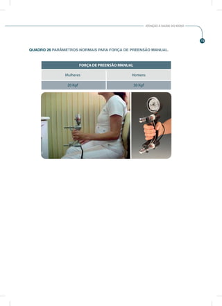 79
ATENÇÃO À SAÚDE DO IDOSO
QUADRO 26 PARÂMETROS NORMAIS PARA FORÇA DE PREENSÃO MANUAL.
FORÇA DE PREENSÃO MANUAL
Mulheres
20 Kgf
Homens
30 Kgf
 