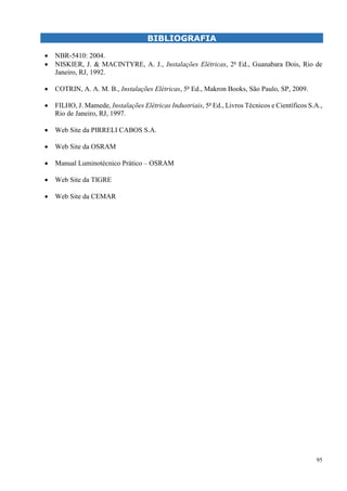 95
BIBLIOGRAFIA
 NBR-5410: 2004.
 NISKIER, J. & MACINTYRE, A. J., Instalações Elétricas, 2a
Ed., Guanabara Dois, Rio de
Janeiro, RJ, 1992.
 COTRIN, A. A. M. B., Instalações Elétricas, 5a
Ed., Makron Books, São Paulo, SP, 2009.
 FILHO, J. Mamede, Instalações Elétricas Industriais, 5a
Ed., Livros Técnicos e Científicos S.A.,
Rio de Janeiro, RJ, 1997.
 Web Site da PIRRELI CABOS S.A.
 Web Site da OSRAM
 Manual Luminotécnico Prático – OSRAM
 Web Site da TIGRE
 Web Site da CEMAR
 