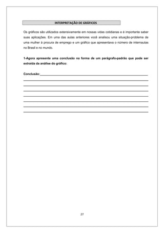 INTERPRETAÇÃO DE GRÁFICOS

Os gráficos são utilizados extensivamente em nossas vidas cotidianas e é importante saber
suas aplicações. Em uma das aulas anteriores você analisou uma situação-problema de
uma mulher à procura de emprego e um gráfico que apresentava o número de internautas
no Brasil e no mundo.


1-Agora apresente uma conclusão na forma de um parágrafo-padrão que pode ser
extraída da análise do gráfico:


Conclusão:________________________________________________________________
__________________________________________________________________________
__________________________________________________________________________
__________________________________________________________________________
__________________________________________________________________________
__________________________________________________________________________
__________________________________________________________________________
__________________________________________________________________________




                                        27
 