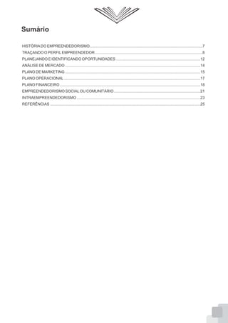 Sumário
HISTÓRIADO EMPREENDEDORISMO..........................................................................................................7
TRAÇANDO O PERFILEMPREENDEDOR.....................................................................................................8
PLANEJANDO E IDENTIFICANDO OPORTUNIDADES ...............................................................................12
ANÁLISE DE MERCADO ...............................................................................................................................14
PLANO DE MARKETING ...............................................................................................................................15
PLANO OPERACIONAL ................................................................................................................................17
PLANO FINANCEIRO....................................................................................................................................18
EMPREENDEDORISMO SOCIALOU COMUNITÁRIO .................................................................................21
INTRAEMPREENDEDORISMO ....................................................................................................................23
REFERÊNCIAS .............................................................................................................................................25
 