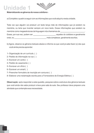 Materializando os gêneros do nosso cotidiano–
a) Complete o quadro a seguir com as informações que você adquiriu nesta unidade.
Toda vez que alguém vai produzir um texto lança mão de informações que já existem na
memória, ou teria que inventar sempre um novo texto. Essas informações que existem na
memória como megaestruturas de linguagem nós chamamos de _______________________.
Esses, por sua vez, podem ser _____________________, aqueles do cotidiano e geralmente
orais, ou ______________________________, mais complexos, geralmente escritos.
b) Agora, observe os gêneros textuais abaixo e informe os que você já sabe fazer (x) dos que
você ainda precisa aprender.
1- Organização de um currículo. ( )
2- Pedido de informação na rua ( )
3- Escrever um conto ( )
4- Pedido de casamento ( )
5- Escrever um ofício ( )
6- Escrever um email ( )
7- Preencher formulário de inscrição em concurso ( )
8- Elaborar uma reclamação escrita para a Fornecedora de Energia Elétrica ( )
Observação: após responder a esta questão, pesquise sobre a estrutura dos gêneros textuais
que você ainda não sabe produzir e leve para sala de aula. Seu professor deve preparar uma
atividade que contemple essa necessidade.
Unidade 1
24
 