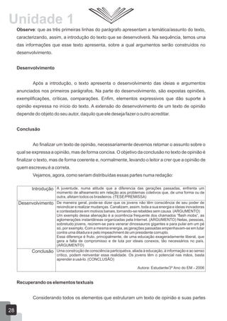 Observe: que as três primeiras linhas do parágrafo apresentam a temática/assunto do texto,
caracterizando, assim, a introdução do texto que se desenvolverá. Na sequência, temos uma
das informações que esse texto apresenta, sobre a qual argumentos serão construídos no
desenvolvimento.
Desenvolvimento
Após a introdução, o texto apresenta o desenvolvimento das ideias e argumentos
anunciados nos primeiros parágrafos. Na parte do desenvolvimento, são expostas opiniões,
exemplificações, críticas, comparações. Enfim, elementos expressivos que dão suporte à
opinião expressa no início do texto. A extensão do desenvolvimento de um texto de opinião
depende do objeto do seu autor, daquilo que ele deseja fazer o outro acreditar.
Conclusão
Ao finalizar um texto de opinião, necessariamente devemos retomar o assunto sobre o
qual se expressa a opinião, mas de forma concisa. O objetivo da conclusão no texto de opinião é
finalizar o texto, mas de forma coerente e, normalmente, levando o leitor a crer que a opinião de
quem escreveu é a correta.
Vejamos, agora, como seriam distribuídas essas partes numa redação:
Recuperando os elementos textuais
Considerando todos os elementos que estruturam um texto de opinião e suas partes
Introdução A juventude, numa atitude que a diferencia das gerações passadas, enfrenta um
momento de alheamento em relação aos problemas coletivos que, de uma forma ou de
outra, afetam todos os brasileiros. (TESE/PREMISSA)
Desenvolvimento De maneira geral, pode-se dizer que os jovens não têm consciência de seu poder de
reivindicar e realizar mudanças. Canalizam, assim, toda a sua energia e ideias inovadoras
e contestadoras em motivos banais, tornando-se rebeldes sem causa. (ARGUMENTO)
Um exemplo dessa alienação é a ocorrência frequente dos chamados “flash mobs”, as
aglomerações instantâneas organizadas pela Internet. (ARGUMENTO) Nelas, pessoas,
sobretudo jovens, reúnem-se para venerar dinossauros gigantes e para pular em um pé
só, por exemplo. Com a mesma energia, as gerações passadas empenhavam-se em lutar
contra uma ditadura e pelo impeachment de um presidente corrupto.
Essa diferença é fruto, principalmente, de uma educação exageradamente liberal, que
gera a falta de compromisso e de luta por ideais conexos, tão necessários no país.
(ARGUMENTO)
Conclusão Uma construção de consciência participativa, aliada à educação, à informação e ao senso
crítico, podem reinventar essa realidade. Os jovens têm o potencial nas mãos, basta
aprender a usá-lo. (CONCLUSÃO)
Autora: Estudante/3º Ano do EM - 2006
Unidade 1
28
 