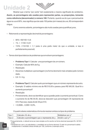 Mostrar que o termo “por cento” tem exatamente o mesmo significado de centésimo.
Assim, as porcentagens são usadas para representar partes, ou proporções, tomando
como referência (denominador) o número 100. Portanto, quando se diz que o percentual de
água na uva é 80%, isso significa que de cada 100 partes (em massa) da uva, 80 correspondem
à água.
Como veremos adiante, porcentagens são muito usadas para quantificar juros.
 Retomando a representação decimal de porcentagens:
 80% = 80/100 = 0,8
 1% = 1/100 = 0,01
 110% =110/100 = 1,1 (esta é uma parte maior do que a unidade, e isso é
perfeitamente possível)
 Temos dois tipos básicos de problemas que envolvem porcentagens:
 Problema Tipo 1: Calcular uma porcentagem de um número.
 Exemplo: Calcular 80% de 5 g.
 Resolução:
 Devemos multiplicar a porcentagem (na forma decimal é mais simples) pelo número
dado.
 0,8 ∙ 5 = 4 g.
 Problema Tipo 2: Calcular qual a porcentagem que um número representa de outro.
 Exemplo: O salário mínimo era de R$ 510,00 e passou para R$ 545,00. Qual foi o
aumento porcentual?
 Resolução:
 Primeiramente, deve-se identificar que a questão pede o aumento porcentual. Como
o aumento foi de R$ 35.00, deve-se descobrir que porcentagem 35 representa de
510. Para isso, basta dividir 35 por 510.
 = 0,0686... 0,069 = 6,9%.
O quadro abaixo sistematiza a forma de resolver ambos os tipos de problema.
Tipo 1 Calcular x% de y Multiplicar por y*
Tipo 2 Calcular a porcentagem que x representa de y Dividir x por y**
*Frequentemente, o cálculo torna-se mais simples se for escrito na forma decimal (exemplo 8% =8/100 =
0,08).
**Dividindo-se x por y na calculadora, o resultado sai na forma decimal. O valor do porcentual é obtido
multiplicando o resultado dessa divisão por 100, conforme o exemplo acima.54
Unidade 2
 