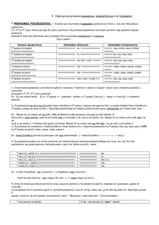 I- Emprego dos pronomes possessivos, demonstrativos e de tratamento.
* PRONOMES POSSESSIVOS : Dizemos que um pronome é possessivo quando ele se refere a uma das três pessoas
gramaticais
( 1ª, 2ª ou 3ª ) para indicar que algo lhe cabe ou pertence. Os pronomes possessivos relacionam, portanto, algo possuído à pessoa
gramatical
possuidora. Esse fato determina uma correlação entre os pronomes possessivos e os pessoais.
Veja o quadro :
PESSOA GRAMATICAL PRONOMES PESSOAIS PRONOMES POSSESSIVOS
1ª pessoa do singular
>>>>>>>>>>>>>>>>>>>>>>>>>>>>
>>>>>>>>>>>>>>>>>>>>> eu >>>>>>>>>>>>>>>>>>>>>>>> >>>>>>>>>> meu, minha, meus, minhas
>>>>>>>>>>>
2ª pessoa do singular
>>>>>>>>>>>>>>>>>>>>>>>>>>>>
>>>>>>>>>>>>>>>>>>>>> tu >>>>>>>>>>>>>>>>>>>>>>>> >>>>>>>>>> teu, tua, teus, tuas
>>>>>>>>>>>>>>>>>>>>
3ª pessoa do singular
>>>>>>>>>>>>>>>>>>>>>>>>>>>>
>>>>>>>>>>>>>>>>>>>>> ele /ela / você >>>>>>>>>> >>>>>>>>>> seu, sua, seus, suas
>>>>>>>>>>>>>>>>>>>
1ª pessoa do plural
>>>>>>>>>>>>>>>>>>>>>>>>>>>>>>>
>>>>>>>>>>>>>>>>>>>>> nós >>>>>>>>>>>>>>>>>>>>>>> >>>>>>>>>> nosso, nossa, nossos, nossas
>>>>>>>>
2ª pessoa do plural
>>>>>>>>>>>>>>>>>>>>>>>>>>>>>>
>>>>>>>>>>>>>>>>>>>>> vós >>>>>>>>>>>>>>>>>>>>>>> >>>>>>>>>> vosso, vossa, vossos, vossas
>>>>>>>>
3ª pessoa do plural
>>>>>>>>>>>>>>>>>>>>>>>>>>>>>>
>>>>>>>>>>>>>>>>>>>>> eles / elas / vocês >>>>> >>>>>>>>>> seu, sua, seus, suas
>>>>>>>>>>>>>>>>>>>
1- Os pronomes possessivos concordam em gênero ( masculino / feminino ) e número ( singular / plural )com o elemento possuído e
concordam
em pessoa ( 1ª, 2ª, 3ª ) com o possuidor.
Ex. : Eu levo minhas malas. Eu >>> 1ª pessoa >>> possuidor; minhas >>> 1ª pessoa ( fem./pl. ) ; malas >>> ( fem./pl.) >>> elemento
possuído
2- Os possessivos seu (s) e sua (s) podem fazer referência à 2ª pessoa ( pessoa com quem se fala ) e podem também fazer referência a
3ª pessoa ( pessoa de quem se fala ) . Essa dupla possibilidade de relação gramatical pode gerar ambigüidade em frases como esta:
Ex. : Manuel foi ao cinema com sua mãe. ( Mãe de Manuel ou mãe da pessoa com quem se está falando ? ).
Para evitar o duplo sentido, usam-se as formas dele ( e variações ), de você ou do Senhor. Ex.: Manuel foi ao cinema com a mãe dele ( ou
de
você, ou do senhor ). / Podemos até ajuntar as formas: Manuel foi ao cinema com sua mãe dele ( ou de você ou do senhor ).
3- Os pronomes de tratamento ( Vossa Excelência, Vossa Senhoria etc ) requerem possessivos na 3ª pessoa ( seu, sua, seus, suas ), NÃO
na 2ª pessoa do plural ( vosso, vossos, vossa, vossas ).
Ex.: Vossa Excelência precisa se preocupar com seus subordinados. ( = Vossa Excelência ----------- > seus ).
4- Os possessivos podem, em certos contextos, ser substituídos por pronomes pessoais oblíquos me, te,se, nos, vos, lhe, lhes
equivalentes, que podem aparecer indicando posse, o que traz beleza ao estilo , assim :
* meu ( s) , minha ( s ) >>>>>>>>>>>>>>>>>>>>>>>>>>>>>>>>>>>>>>>>>>>> >>>>>>>>>>>>>>>>>>>>> me .
* teu ( s ), tua (s ) >>>>>>>>>>>>>>>>>>>>>>>>>>>>>>>>>>>>>>>>>>>>>>>>> >>>>>>>>>>>>>>>>>>>>> te .
* seu ( s ) , sua ( s ) >>>>>>>>>>>>>>>>>>>>>>>>>>>>>>>>>>>>>>>>>>>>>> >>>>>>>>>>>>>>>>>>>>> lhe ( s ).
* nosso ( s ) , nossa ( s ) >>>>>>>>>>>>>>>>>>>>>>>>>>>>>>>>>>>>>>>>> >>>>>>>>>>>>>>>>>>>>> nos.
* vosso (s ), vossa ( s ) >>>>>>>>>>>>>>>>>>>>>>>>>>>>>>>>>>>>>>>>>>> >>>>>>>>>>>>>>>>>>>>> vos .
Ex. : O sono atrapalhava - me o raciocínio. ( = atrapalhava o meu raciocínio ).
A partida dela destruiu – nos a alegria de viver. ( = a nossa alegria de viver ).
5- Antes de nomes que indicam partes do corpo, peças de vestuário e faculdades do espírito, dispensa-se o possessivo, quando há
coincidên-
cia de pessoas entre o pronome sujeito e o pronome possessivo; o uso do artigo, nesse caso, já dá idéia de posse. Ex.: Machuquei o dedo.
E ,
quando o dedo for de outra pessoa, naturalmente, usará : “ Machuquei o dedo dele/dela “. Outros exemplos :
* Vou escovar os dentes. E não : Vou escovar os ” meus “ dentes.
 
