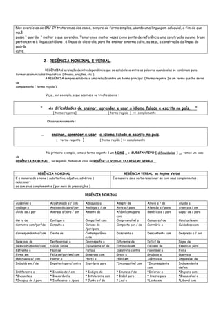 Nos exercícios de CN/ CV trataremos dos casos, sempre de forma simples, usando uma linguagem coloquial, a fim de que
você
possa “ guardar “ melhor o que aprendeu. Tomaremos muitas vezes como ponto de referência uma construção ou uma frase
pertencente à língua cotidiana , à língua do dia-a-dia, para lhe ensinar a norma culta, ou seja, a construção da língua do
padrão
culto.
2- REGÊNCIA NOMINAL E VERBAL.
REGÊNCIA é a relação de interdependência que se estabelece entre as palavras quando elas se combinam para
formar os enunciados linguísticos ( frases, orações, etc ).
A REGÊNCIA sempre estabelece uma relação entre um termo principal ( termo regente ) e um termo que lhe serve
de
complemento ( termo regido ).
Veja , por exemplo, o que acontece no trecho abaixo :
“ As dificuldades de ensinar, aprender e usar o idioma falado e escrito no país. “
[ termo regente] [ termo regido ] >>> complemento
Observe novamente :
... ensinar, aprender e usar o idioma falado e escrito no país.
[ termo regente ] [ termo regido ] >>> complemento
No primeiro exemplo, como o termo regente é um NOME _ o SUBSTANTIVO [ dificuldades ] _, temos um caso
de
REGÊNCIA NOMINAL ; no segundo, temos um caso de REGÊNCIA VERBAL OU REGIME VERBAL.
REGÊNCIA NOMINAL REGÊNCIA VERBAL ou Regime Verbal
É a maneira de o nome ( substantivo, adjetivo, advérbio )
relacionar-
se com seus complementos ( por meio de preposições ).
É a maneira de o verbo relacionar-se com seus complementos .
REGÊNCIA NOMINAL
Acessível a Acostumado a / com Adequado a Adepto de Alheio a / de Alusão a
Análogo a Ansioso de/para/por Apologia a / de Apto a / para Atenção a / para Atento a / em
Ávido de / por Aversão a/para / por Amante de Afável com/para
com
Benéfico a / para Capaz de / para
Certo de Contíguo a Compatível com Compreensível a Comum a / de Constante em
Contente com/por/de Consulta a Curioso de
/por/para
Composto por / de Contrário a Cuidadoso com
Correspondentea/com Ciente de Contemporâneo
a/de
Desatento a Descontente com Desprezo a / por
Desejoso de Desfavorável a Desrespeito a Diferente de Difícil de Digno de
Desacostumadoa/com Dúvida sobre Equivalente a/ de Entendido em Escasso de Essencial para
Estranho a Fácil de Falta a Insurreto contra Favorável a Fiel a
Firme em Feliz de/por/em/com Generoso com Grato a Grudado a Guerra a
Habituado a/ com Horror a Hostil a Hábil em Idêntico a Impossível de
Imbuído em / de Impotentepara/contra Impróprio para *Incompatível com *Inconseqüente
com
Independente
de/em
Indiferente a * Invasão de / em * Indigno de * Imune a / de *Inferior a *Ingrato com
*Inerente a * Inexorável a * Intolerante com * Inábil para * Inepto para *Inacessível a
*Incapaz de / para * Inofensivo a /para * Junto a / de * Leal a *Lento em *Liberal com
 