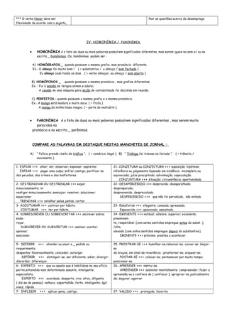 *** O verbo Haver deve ser
flexionado de acordo com o sujeito.
lhor as questões acerca do desemprego.
IV- HOMONÍMIA / PARONÍMIA.
• HOMONÍMIA é o fato de duas ou mais palavras possuírem significados diferentes, mas serem iguais no som e/ ou na
escrita _ homônimos. Os homônimos podem ser :
A) HOMÓGRAFOS _ quando possuem a mesma grafia, mas pronúncia diferente.
Ex.: O almoço foi muito bom ! ( = substantivo = o almoço / som fechado ) .
Eu almoço cedo todos os dias. ( = verbo almoçar, eu almoço / som aberto ).
B) HOMÓFONOS _ quando possuem a mesma pronúncia , mas grafias diferentes.
Ex. : Fui à sessão de terapia ontem e adorei.
A cessão de uma máquina para seção de contabilidade foi decidida em reunião.
C) PERFEITOS – quando possuem a mesma grafia e a mesma pronúncia.
Ex.: A manga está madura e muito doce. ( = fruta ).
A manga da minha blusa rasgou. ( = parte do vestuário ).
• PARONÍMIA é o fato de duas ou mais palavras possuírem significados diferentes , mas serem muito
parecidas na
pronúncia e na escrita _ parônimos.
COMPARE AS PALAVRAS EM DESTAQUE NESTAS MANCHETES DE JORNAL :
A) “ Polícia prende chefe de tráfico “. ( = comércio ilegal ). B) “ Tráfego foi intenso no feriado “. ( = trânsito /
movimento ).
1- ESPIAR >>> olhar; ver; observar; espionar; espreitar.
EXPIAR >>> pagar uma culpa; sofrer castigo; purificar-se
dos pecados, dos crimes e dos malfeitores.
21- CONJETURA ou CONJECTURA >>> suposição; hipótese;
inferência ou julgamento baseado em evidência incompleta ou
equivocada; juízo precipitado; adivinhação; especulação.
CONJUNTURA >>> situação; circunstância; oportunidade.
2- DESTRINCHAR OU DESTRINÇAR >>> expor
minuciosamente; in-
vestigar minuciosamente; esmiuçar; resolver; solucionar;
equacionar.
TRINCHAR >>> retalhar pelas juntas; cortar.
22- DESAPERCEBIDO >>> desprovido; desaparelhado;
despreparado;
desprevenido, desprecatado.
DESPERCEBIDO >>> que não foi percebido, não notado.
3- ACOSTUMAR >>> contrair por hábito.
COSTUMAR >>> ter por hábito.
23- Esbaforido >>> ofegante; cansado; apressado.
Espavorido >>> apavorado; assustado.
4- SOBRESCREVER OU SOBRESCRITAR >>> escrever sobre;
ende-
reçar.
SUBSCREVER OU SUBSCRITAR >>> assinar; aceitar;
aprovar;
sancionar.
24- EMINENTE >>> notável; célebre; superior; excelente;
preeminen-
te, respeitável. [com estes sentidos empregue antes do subst. ].
/alto,
elevado [com estes sentidos empregue depois do substantivo].
IMINENTE >>> próximo; prestes a acontecer.
5- DEFERIR >>> atender ou anuir a _ pedido ou
requerimento;
despachar favoravelmente; conceder; outorgar.
DIFERIR >>> distinguir-se; ser diferente; adiar; divergir;
discordar; diferençar.
25- PROSTRAR-SE >>> humilhar-se;rebaixar-se; curvar-se; lançar-
se
de bruços, em sinal de reverência ; prosternar-se; arquear-se.
POSTAR-SE >>> colocar-se; permanecer por muito tempo;
posicionar-se.
6- EXPERTO >>> que ou aquele que é habilidoso no seu ofício,
perito,entendido num determinado assunto, inteligente;
especialista.
ESPERTO >>> acordado, desperto, vivo, ativo, diligente
( diz-se de pessoa): velhaco, espertalhão, forte, inteligente; ágil;
vivaz; rápido.
26- APRENDER >>> instrui-se.
APREENDER >>> assimilar mentalmente; compreender; fazer a
apreensão ou o confisco de ( confiscar ); apropriar-se judicialmente
de; segurar; agarrar.
7- INFLIGIR >>> aplicar pena, castigo. 27- VALIDO >>> protegido; favorito.
 