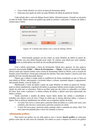 • Com o botão Modelos de tabela na barra de ferramenta tabela.
• Selecione uma opção de estilo na seção Modelos de tabela do painel de Tarefas.
Cada método abre a caixa de diálogo Inserir tabela. Alternativamente, clicando na seta preta
ao lado do botão Tabela mostra um gráfico que pode-se arrastar e selecionar o número de linhas e
colunas para a tabela.
DICA
Selecionando qualquer um dos estilos na seção Modelos de tabela no painel de
Tarefas cria uma tabela baseada neste estilo. Se criamos uma tabela por outro método,
pode-se ainda aplicar um estilo de sua escolha posteriormente.
Com a tabela selecionada, a barra de ferramentas Tabela deve aparecer. Se não, pode-se
acessá-la selecionando Exibir → Barra de ferramentas → Tabela. A barra de ferramentas Tabela
oferece muito dos mesmos botões como a barra de ferramentas Tabela no Writer, com a exceção de
funções como Classificar e Soma para realização de cálculos. Para estas funções, é preciso usar uma
planilha do Calc inserida (discutido abaixo).
Depois que a tabela é criada, pode-se modificá-la de forma semelhante ao que se faria em
uma tabela no Writer: adicionando e excluindo linhas e colunas, ajustando largura e espaçamento,
adicionando bordas, cores de fundo, etc...
Modificando o estilo da tabela a partir da seção Modelos de tabela no painel de Tarefas,
pode-se alterar rapidamente a aparência da tabela ou quaisquer tabelas recém-criadas com base nas
opções de estilo que se selecionou. Pode-se escolher optar por dar enfase ao cabeçalho e as linhas
de totais, bem como a primeira e a ultima colunas da tabela, e aplicar uma faixa aparecendo nas
linhas e colunas.
Tendo concluído o modelo da tabela, inserir dados dentro das células é semelhante a
trabalhar com objetos caixa de texto. Clique na célula que se deseja adicionar dados, e comece a
digitar. Para se deslocar rapidamente nas células, use as seguintes opções de teclas:
• As teclas Seta move o cursor para a próxima célula da tabela se a célula está vazia, caso
contrário, elas movem o cursor para o próximo caractere na célula.
• A tecla Tab move para a próxima célula, pulando sobre o conteúdo da célula; Shift+Tab
move para trás pulando para o início do conteúdo se houver.
Adicionando gráficos
Para inserir um gráfico em um slide pode-se usar o recurso Inserir gráfico ou selecionar
gráfico como tipo de uma caixa de conteúdo. Em ambos os casos o Impress irá inserir um gráfico
26
Figura 18: Criando uma tabela com a caixa de diálogo Tabela
 