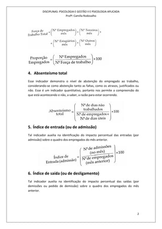 DISCIPLINAS: PSICOLOGIA E GESTÃO II E PSICOLOGIA APLICADA
Profª: Camilla Rodovalho
2
4. Absenteísmo total
Esse indicador demonstra o nível de abstenção do empregado ao trabalho,
considerando-se como abstenção tanto as faltas, como os atrasos, justificados ou
não. Esse é um indicador quantitativo, portanto nos permite a compreensão do
que está acontecendo e não, a saber, a razão para estar ocorrendo.
5. Índice de entrada (ou de admissão)
Tal indicador auxilia na identificação do impacto percentual das entradas (por
admissão) sobre o quadro dos empregados do mês anterior.
6. Índice de saída (ou de desligamento)
Tal indicador auxilia na identificação do impacto percentual das saídas (por
demissões ou pedido de demissão) sobre o quadro dos empregados do mês
anterior.
 