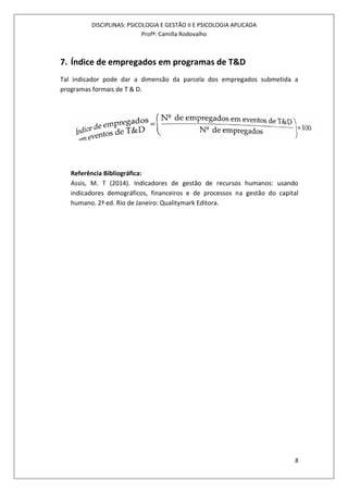 DISCIPLINAS: PSICOLOGIA E GESTÃO II E PSICOLOGIA APLICADA
Profª: Camilla Rodovalho
8
7. Índice de empregados em programas de T&D
Tal indicador pode dar a dimensão da parcela dos empregados submetida a
programas formais de T & D.
Referência Bibliográfica:
Assis, M. T (2014). Indicadores de gestão de recursos humanos: usando
indicadores demográficos, financeiros e de processos na gestão do capital
humano. 2ª ed. Rio de Janeiro: Qualitymark Editora.
 