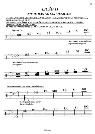 ================/
VAMOS APRENDER A ESCREVER AS NOTAS NAS LINHAS E ESPAÇOS NO PENTAGRAMA
AGORA , NA CLAVE DE FÁ .
PRESTAR ATENÇÃO QUE AS POSIÇÕES DAS NOTAS MUDAM, FICAM EM POSIÇÕES
DIFERENTES DA CLAVE DE SOL.
AS PAUSAS NÃO MUDAM,SÃO AS MESMAS DA CLAVE DE SOL.
..
Nota DÓ na primeira linha
suplementar superior
Clave de Fá DÓSILÁSOLFÁMIRÉDÓ
NOME DAS NOTAS MUSICAIS
LIÇÃO 11
ll
================/
Nota DÓ no segundo espaço do
pentagrama
DÓSILÁSOLFÁMIRÉDÓ..
ll
================/
LÁ
DÓSI
SOLFÁMIRÉDÓ..
ll
================/
Haste para baixo a partir
da terceira linha
DÓSILÁSOLFÁMIRÉDÓ..
As notas musicais com nome e usando hastes.
ll
================/
DÓSILÁSOLFÁMIRÉ
DÓ
..
ll
Ed Fogaça
32
 