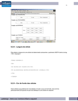 31




6.2.8 – Largura da célula


Para alterar a largura de uma célula da tabela basta acrescentar o parâmetro WIDTH dentro da tag
<TD>. Exemplo1:




<TABLE BORDER=2>

<TR>

<TD WIDTH=100> WIDTH=100</TD>

<TD ALIGN=MIDDLE WIDTH=200>WIDTH=200 (PIXELS)</TD>

</TR>

</TABLE>




6.2.9 – Cor de fundo das células


Outro atributo que podemos ter nas tabelas é mudar a sua cor de fundo, isto se torna
particularmente útil quando se quer dar destaque a uma célula em especial.
 