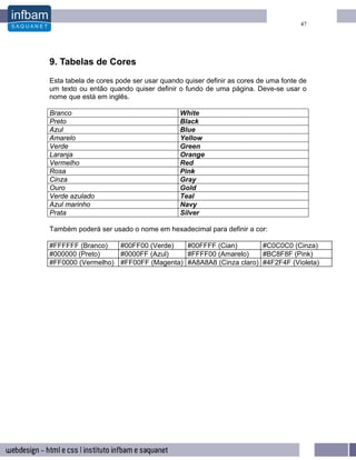47




9. Tabelas de Cores
Esta tabela de cores pode ser usar quando quiser definir as cores de uma fonte de
um texto ou então quando quiser definir o fundo de uma página. Deve-se usar o
nome que está em inglês.

Branco                                   White
Preto                                    Black
Azul                                     Blue
Amarelo                                  Yellow
Verde                                    Green
Laranja                                  Orange
Vermelho                                 Red
Rosa                                     Pink
Cinza                                    Gray
Ouro                                     Gold
Verde azulado                            Teal
Azul marinho                             Navy
Prata                                    Silver

Também poderá ser usado o nome em hexadecimal para definir a cor:

#FFFFFF (Branco)   #00FF00 (Verde)   #00FFFF (Cian)        #C0C0C0 (Cinza)
#000000 (Preto)    #0000FF (Azul)    #FFFF00 (Amarelo)     #BC8F8F (Pink)
#FF0000 (Vermelho) #FF00FF (Magenta) #A8A8A8 (Cinza claro) #4F2F4F (Violeta)
 
