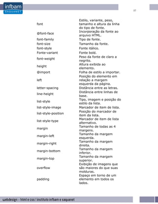 57


                      Estilo, variante, peso,
font                  tamanho e altura da linha
                      do tipo de fonte.
                      Incorporação da fonte ao
@font-face
                      arquivo HTML.
font-family           Tipo de fonte.
font-size             Tamanho da fonte.
font-style            Fonte itálico.
Fonte-variant         Fonte bold.
                      Peso da fonte de claro a
font-weight
                      negrito.
                      Altura exibida ao
height
                      elemento.
@import               Folha de estilo a importar.
                      Posição do elemento em
left                  relação a margem
                      esquerda da página.
letter-spacing        Distância entre as letras.
                      Distância entre linhas de
line-height
                      base.
                      Tipo, imagem e posição do
list-style
                      estilo da lista.
list-style-image      Marcador de item de lista.
                      Posição do marcador de
list-style-position
                      item da lista.
                      Marcador de item de lista
list-style-type
                      alternativo.
                      Tamanho de todas as 4
margin
                      margens.
                      Tamanho da margem
margin-left
                      esquerda.
                      Tamanho da margem
margin-right
                      direita.
                      Tamanho da margem
margin-bottom
                      inferior.
                      Tamanho da margem
margin-top
                      superior.
                      Exibição de imagens que
overflow              são maiores do que suas
                      molduras.
                      Espaço em torno de um
padding               elemento em todos os
                      lados.
 