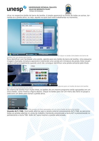 Câmpus de Araraquara
clicar no respectivo botão da barra de tarefas. A janela aparecerá na frente de todas as outras, tor-
nando-se a janela ativa, ou seja, aquela na qual você está trabalhando no momento.
O clique no botão Calculadora da barra de
tarefas traz sua janela para frente
Para identificar com facilidade uma janela, aponte para seu botão da barra de tarefas. Uma pequena
imagem chamada miniatura aparecerá mostrando uma versão em miniatura da janela. Esta visuali-
zação é útil principalmente quando você não consegue identificar uma janela somente pelo título.
Aponte para um botão da barra de tarefas
para ver uma visualização da janela
Se a barra de tarefas ficar muito cheia, os botões de um mesmo programa serão agrupados em um
único botão, como mostra a figura abaixo. Clique no botão para ver um menu dos itens no grupo e
selecione um deles para tornar a janela ativa.
Três janelas do Paint agrupadas em um único botão da barra de tarefas
Usando ALT+TAB. Você pode alternar para a janela anterior pressionando ALT+TAB, ou percorrer
todas as janelas abertas e a área de trabalho mantendo pressionada a tecla ALT e pressionando re-
petidamente a tecla TAB. Solte ALT para mostrar a janela selecionada.
 