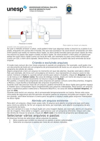 Câmpus de Araraquara
Para copiar ou mover um arquivo,
arraste-o de uma pasta para outra
Ao usar o método arrastar e soltar, você poderá notar que algumas vezes o arquivo ou a pasta é co-
piado, enquanto em outras ele é movido. Por que isso acontece? Se você estiver arrastando um item
entre pastas que estão no mesmo disco rígido, os itens serão movidos para que duas cópias do mes-
mo arquivo ou pasta não sejam criadas no disco rígido. Se você arrastar o item para um pasta que
esteja em outro disco rígido (como um local de rede, por exemplo) ou para uma mídia removível
(como um CD), o item será copiado. Dessa forma, o arquivo ou a pasta não será removido do local
original.
Criando e excluindo arquivos
O modo mais comum de criar novos arquivos é usando um programa. Por exemplo, você pode criar
um documento de texto em um programa de processamento de texto ou um arquivo de filme em um
programa de edição de vídeos.
Alguns programas criam um arquivo no momento em que são abertos. Quando você abre o Word-
Pad, por exemplo, ele inicia com uma página em branco. Isso representa um arquivo vazio (e não
salvo). Comece a digitar e, quando estiver pronto para salvar o trabalho, clique em Arquivo na bar-
ra de menus e em Salvar como. Na caixa de diálogo exibida, digite um nome de arquivo que o aju-
dará a localizar o arquivo novamente no futuro e clique em Salvar.
Por padrão, a maioria dos programas salva arquivos em pastas comuns como Documentos, Imagens
e Música, o que facilita a localização dos arquivos na próxima vez.
Quando você não precisar mais de um arquivo, poderá removê-lo do disco rígido para ganhar espaço
e impedir que o computador fique congestionado com arquivos indesejados. Para excluir um arquivo,
abra a respectiva pasta e selecione-o. Pressione DELETE e, na caixa de diálogo Excluir Arquivo, cli-
que em Sim.
Quando você exclui um arquivo, ele é armazenado temporariamente na Lixeira. Pense nela como
uma pasta de segurança que lhe permite recuperar pastas ou arquivos excluídos por engano. De vez
em quando, você deve esvaziar a Lixeira para recuperar o espaço usado pelos arquivos indesejados
no disco rígido.
Abrindo um arquivo existente
Para abrir um arquivo, clique duas vezes nele. O arquivo será aberto no programa que você usou
para criá-lo ou editá-lo. Se for um arquivo de texto, por exemplo, será aberto no programa de pro-
cessamento de texto.
Mas nem sempre é o caso. O clique duplo em uma imagem digital, por exemplo, abrirá um visualiza-
dor de imagens. Para editar a imagem, você precisa usar um programa diferente. Clique com o bo-
tão direito do mouse no arquivo, clique em Abrir com e no nome do programa que deseja usar.
Selecionar vários arquivos e pastas
Há diversas formas de selecionar vários arquivos ou pastas.
1. Abra a pasta que contém os arquivos ou pastas a serem selecionados.
2. Selecione os arquivos e pastas por meio de um destes métodos:
 