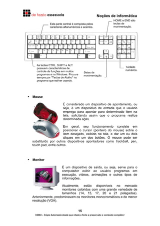 Noções de informática
15
©2002 – Cópia Autorizada desde que citada a fonte e preservado o conteúdo completo-
Mouse
É considerado um dispositivo de apontamento, ou
seja, é um dispositivo de entrada que o usuário
emprega para apontar para determinado item na
tela, solicitando assim que o programa realize
determinada ação.
Em geral, seu funcionamento consiste em
posicionar o cursor (ponteiro do mouse) sobre o
item desejado, exibido na tela, e dar um ou dois
cliques em um dos botões. O mouse pode ser
substituído por outros dispositivos apontadores como trackball, pen,
touch pad, entre outros.
Monitor
É um dispositivo de saída, ou seja, serve para o
computador exibir ao usuário programas em
execução, vídeos, animações e outros tipos de
informações.
Atualmente, estão disponíveis no mercado
monitores coloridos com uma grande variedade de
tamanhos (14, 15, 17, 20 e 21 polegadas).
Anteriormente, predominavam os monitores monocromáticos e de menor
resolução (VGA).
As teclas CTRL, SHIFT e ALT
possuem características de
controle de funções em muitos
programas e no Windows. Procure
sempre por “Teclas de Atalho” no
programa que estiver usando.
Esta parte central é composta pelos
caracteres alfanuméricos e acentos.
HOME e END são
teclas de
movimentação.
Teclado
numérico.
Setas de
movimentação.
 