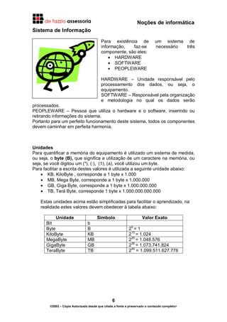 Noções de informática
6
©2002 – Cópia Autorizada desde que citada a fonte e preservado o conteúdo completo-
Sistema de Informação
Para existência de um sistema de
informação, faz-se necessário três
componente, são eles:
• HARDWARE
• SOFTWARE
• PEOPLEWARE
HARDWARE – Unidade responsável pelo
processamento dos dados, ou seja, o
equipamento.
SOFTWARE – Responsável pela organização
e metodologia no qual os dados serão
processados.
PEOPLEWARE – Pessoa que utiliza o hardware e o software, inserindo ou
retirando informações do sistema.
Portanto para um perfeito funcionamento deste sistema, todos os componentes
devem caminhar em perfeita harmonia.
Unidades
Para quantificar a memória do equipamento é utilizado um sistema de medida,
ou seja, o byte (B), que significa a utilização de um caractere na memória, ou
seja, se você digitou um (*), (:), (1), (a), você utilizou um byte.
Para facilitar a escrita destes valores é utilizada a seguinte unidade abaixo:
• KB, KiloByte , corresponde a 1 byte x 1.000
• MB, Mega Byte, corresponde a 1 byte x 1.000.000
• GB, Giga Byte, corresponde a 1 byte x 1.000.000.000
• TB, Terá Byte, corresponde 1 byte x 1.000.000.000.000
Estas unidades acima estão simplificadas para facilitar o aprendizado, na
realidade estes valores devem obedecer à tabela abaixo:
Unidade Símbolo Valor Exato
Bit b
Byte B 20
= 1
KiloByte KB 210
= 1.024
MegaByte MB 220
= 1.048.576
GigaByte GB 230
= 1.073.741.824
TeraByte TB 240
= 1.099.511.627.776
 