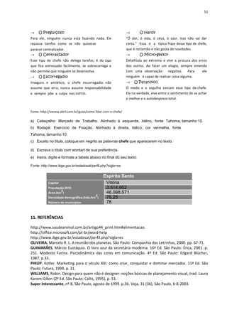 51
→ O Preguiçoso
Para ele, ninguém nunca está fazendo nada. Ele
repassa tarefas como se não quisesse
parecer centralizador.
→ O Centralizador
Esse tipo de chefe não delega tarefas, é do tipo
que fica estressado facilmente, se sobrecarrega e
não permite que ninguém se desenvolva.
→ O Escorregadio
Inseguro e antiético, o chefe escorregadio não
assume que erra, nunca assume responsabilidade
e sempre põe a culpa nos outros.
→ O Hardy
“Ó dor, ó vida, ó céus, ó azar. Isso não vai dar
certo.” Essa é a típica frase desse tipo de chefe,
que é reclamão e não gosta de novidades.
→ O Micro-gestor
Detalhista ao extremo e vive a procura dos erros
dos outros. Ao fazer um elogio, sempre emenda
com uma observação negativa. Para ele
ninguém é capaz de realizar coisa alguma.
→ O Paranoico
O medo e o orgulho cercam esse tipo de chefe.
Ele na verdade, vive entre o sentimento de se achar
o melhor e o autodesprezo total.
Fonte: http://vocesa.abril.com.br/guias/como-lidar-com-o-chefe/
a) Cabeçalho: Mercado de Trabalho. Alinhado à esquerda, itálico, fonte Tahoma, tamanho 10.
b) Rodapé: Exercício de Fixação. Alinhado à direita, itálico, cor vermelha, fonte
Tahoma, tamanho 10.
c) Exceto no título, coloque em negrito as palavras chefe que aparecerem no texto.
d) Escreva o título com wordart de sua preferência.
e) Insira, digite e formate a tabela abaixo no final do seu texto:
Fonte: http://www.ibge.gov.br/estadosat/perfil.php?sigla=es
11. REFERÊNCIAS
http://www.saudeanimal.com.br/artigo44_print.htm#alimentacao.
http://office.microsoft.com/pt-br/word-help
http://www.ibge.gov.br/estadosat/perfil.php?sigla=es
OLIVEIRA, Marcelo R. L. A reunião dos planetas. São Paulo: Companhia das Letrinhas, 2000. pp. 67-71.
GUIMARÃES, Márcio Eustáquio. O livro azul da secretária moderna. 16ª Ed. São Paulo: Érica, 2001. p.
251. Modesto Farina. Psicodinâmica das cores em comunicação. 4ª Ed. São Paulo: Edgard Blücher,
1987. p.33.
PHILIP, Kotler. Marketing para o século XXI: como criar, conquistar e dominar mercados. 11ª Ed. São
Paulo: Futura, 1999, p. 31.
WILLIAMS, Robin. Design para quem não é designer: noções básicas de planejamento visual, trad. Laura
Karem Gillon (2ª Ed. São Paulo: Callis, 1995), p. 53.
Super Interessante, nº 8, São Paulo, agosto de 1999. p.36. Veja, 31 (36), São Paulo, 6-8-2003.
Espírito Santo
Capital
População 2010
Área (km
2
)
Densidade demográfica (hab./km
2
)
Número de municípios
Vitória
3.514.952
46.098.571
76,25
78
 