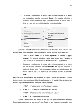 38
− Clique com o botão direito do mouse sobre o ícone desejado e, no menu
que será exibido, escolha o comando Copiar. Em seguida, selecione o
local onde deseja pôr a cópia, clique com o botão direito do mouse sobre o
ele e, no menu que será exibido, escolha o comando Colar.
O processo efetuado para mover uma Pasta ou um Arquivo é muito parecido com
a ação copiar. Basta selecionar o ícone desejado e efetuar uma das seguintes ações:
− Acesse o menu Editar, ou o botão Organizar, e escolha a opção
Recortar. Em seguida, selecione o local onde deseja pôr a Pasta ou o
Arquivo, acesse novamente o menu Editar e escolha a opção Colar.
− Clique com o botão direito do mouse sobre o ícone desejado e, no menu
que será exibido, escolha o comando Recortar. Em seguida, selecione o
local onde deseja pôr a Pasta ou o Arquivo, clique com o botão direito do
mouse sobre o ele e, no menu que será exibido, escolha o comando
Colar.
Dica: as ações acima citadas nos processos de copiar e mover uma Pasta ou Arquivo
também podem ser executadas utilizando atalhos através do teclado (obs.: pressione as
teclas a seguir ao mesmo tempo para obter a ação desejada):
− “CTRL” + “C”: para copiar uma Pasta ou um Arquivo.
− “CTRL” + “V”: para colar uma Pasta ou um Arquivo.
− “CTRL” + “X”: para recortar uma Pasta ou um Arquivo.
− “CTRL” + “Z”: para desfazer uma ação.
Durante a manipulação das Pastas ou dos Arquivos, principalmente no processo
Mover, pode acontecer de “perdermos” uma Pasta ou um Arquivo (na verdade, sem
 
