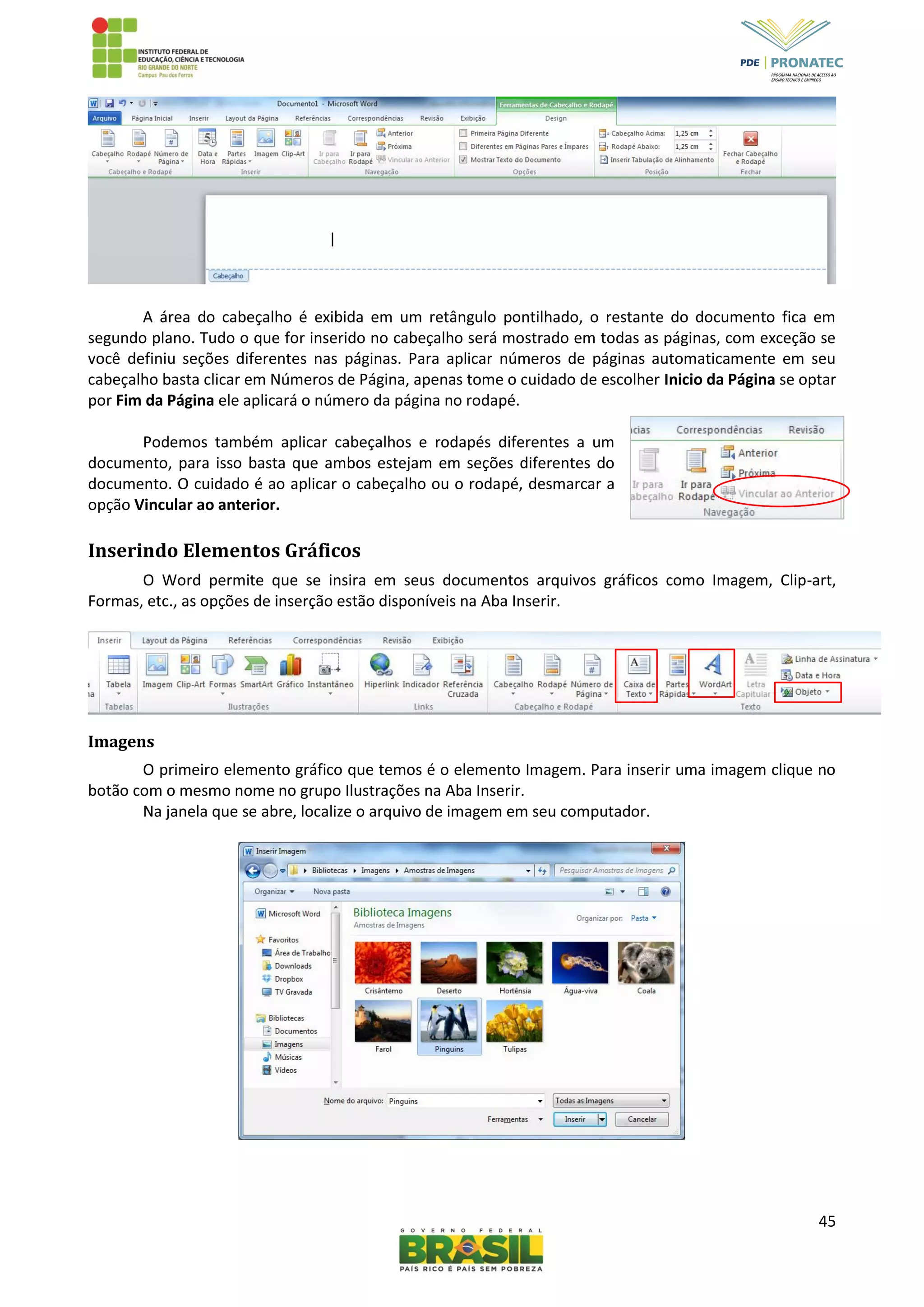 45
A área do cabeçalho é exibida em um retângulo pontilhado, o restante do documento fica em
segundo plano. Tudo o que for inserido no cabeçalho será mostrado em todas as páginas, com exceção se
você definiu seções diferentes nas páginas. Para aplicar números de páginas automaticamente em seu
cabeçalho basta clicar em Números de Página, apenas tome o cuidado de escolher Inicio da Página se optar
por Fim da Página ele aplicará o número da página no rodapé.
Podemos também aplicar cabeçalhos e rodapés diferentes a um
documento, para isso basta que ambos estejam em seções diferentes do
documento. O cuidado é ao aplicar o cabeçalho ou o rodapé, desmarcar a
opção Vincular ao anterior.
Inserindo Elementos Gráficos
O Word permite que se insira em seus documentos arquivos gráficos como Imagem, Clip-art,
Formas, etc., as opções de inserção estão disponíveis na Aba Inserir.
Imagens
O primeiro elemento gráfico que temos é o elemento Imagem. Para inserir uma imagem clique no
botão com o mesmo nome no grupo Ilustrações na Aba Inserir.
Na janela que se abre, localize o arquivo de imagem em seu computador.
 