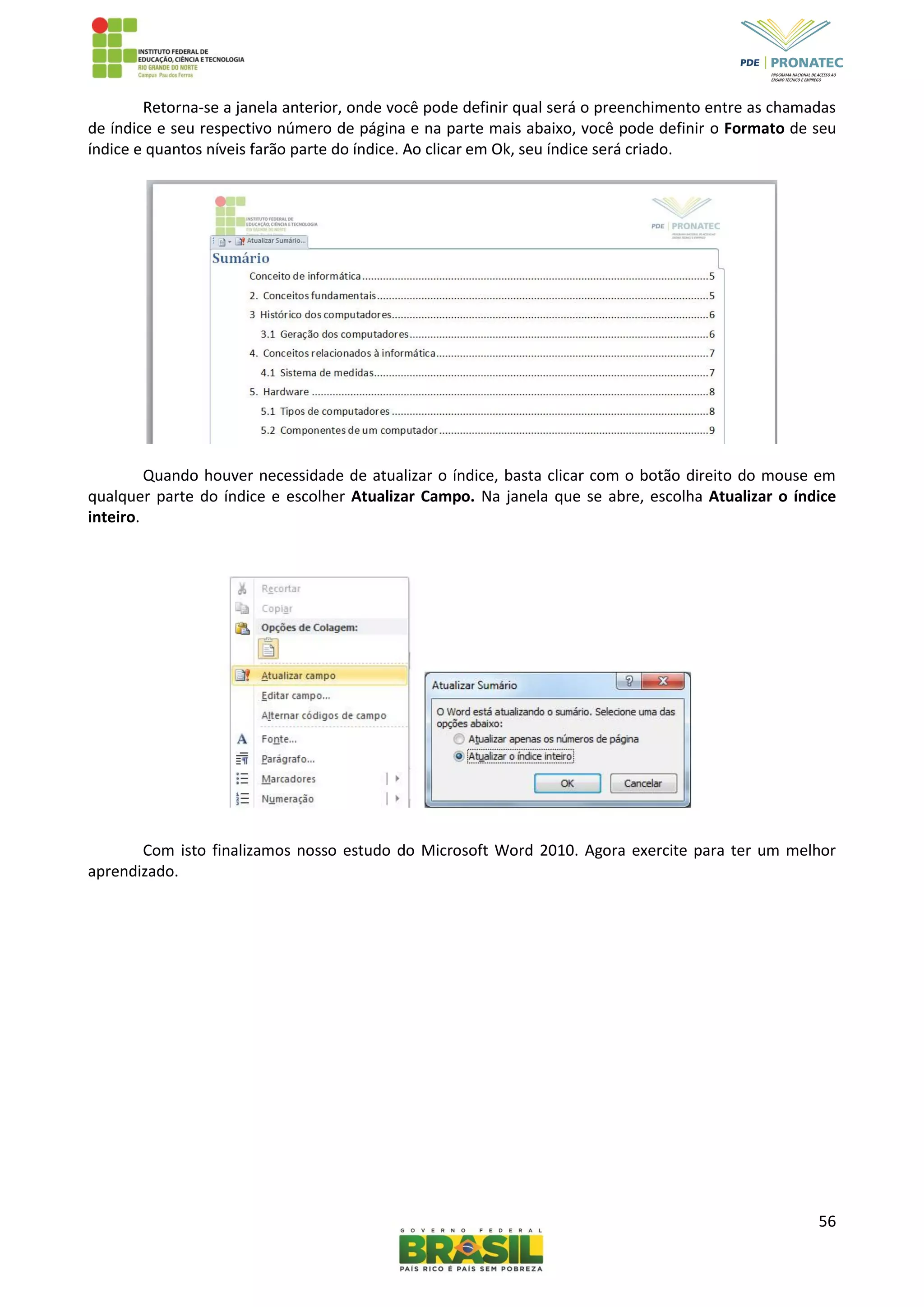 56
Retorna-se a janela anterior, onde você pode definir qual será o preenchimento entre as chamadas
de índice e seu respectivo número de página e na parte mais abaixo, você pode definir o Formato de seu
índice e quantos níveis farão parte do índice. Ao clicar em Ok, seu índice será criado.
Quando houver necessidade de atualizar o índice, basta clicar com o botão direito do mouse em
qualquer parte do índice e escolher Atualizar Campo. Na janela que se abre, escolha Atualizar o índice
inteiro.
Com isto finalizamos nosso estudo do Microsoft Word 2010. Agora exercite para ter um melhor
aprendizado.
 