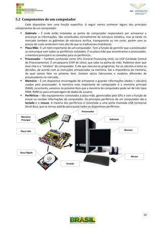 10
5.2 Componentes de um computador
Cada dispositivo tem uma função específica. A seguir vamos conhecer alguns dos principais
componentes de um computador:
 Gabinete – É onde estão instaladas as partes do computador responsáveis por armazenar e
processar as informações. São constituídos normalmente de estrutura metálica, mas já existe no
mercado também os gabinetes de estrutura acrílica, transparente ou em cores, porém com os
preços de custo ainda bem mais alto do que os tradicionais (metálicos).
 Placa Mãe– É um item importante de um computador. Tem a função de permitir que o processador
se comunique com todos os periféricos instalados. É na placa mãe que encontramos o processador,
a memória principal e as conexões para os periféricos.
 Processador – Também conhecido como CPU (Central Processing Unit), ou UCP (Unidade Central
de Processamento). É um pequeno CHIP de silício, que cabe na palma da mão. Podemos dizer que
esse chip é o "cérebro" do computador. É ele que executa os programas, faz os cálculos e toma as
decisões, de acordo com as instruções armazenadas na memória. Daí a importância da memória,
da qual vamos falar no próximo item. Existem vários fabricantes e modelos diferentes de
processadores no mercado.
 Memória – É um dispositivo encarregado de armazenar e guardar informações (dados + cálculos)
usados pelo processador. A memória mais importante do computador é a memória principal
(RAM), no entanto, veremos no próximo item que a memória do computador pode ser de três tipos
RAM, ROM ou para armazenagem de dados do usuário.
 Periféricos – São equipamentos conectados à placa-mãe, gerenciados pela CPU e com a função de
enviar ou receber informações do computador. Os principais periféricos de um computador são o
teclado e o mouse. A maioria dos periféricos é conectada a uma porta chamada USB (Universal
Serial Bus), que se tornou padrão para quase todos os dispositivos periféricos.
Memória
Principal
Processador
Gabinete
Monitor
Mouse
Teclado
Disco Rígido
Placa mãe
 