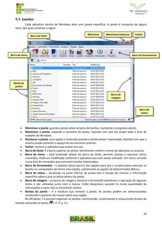 19
9.3 Janelas
Cada aplicativo dentro do Windows abre uma janela específica. A janela é composta de alguns
itens, dos quais veremos a seguir:
 Minimizar a janela: guarda a janela ativa na barra de tarefas, mantendo o programa aberto.
 Maximizar a janela: expande o tamanho da janela, fazendo com que ela ocupe toda a área de
trabalho do Windows.
 Restaurar a janela: essa opção é mostrada quando a janela estiver maximizada, fazendo com que a
mesma ocupe somente o espaço do seu tamanho anterior.
 Fechar: encerra o aplicativo que estiver em uso.
 Barra de título: É a barra superior da janela. Geralmente contém o nome do aplicativo ou arquivo.
 Barra de menu – está localizada abaixo da barra de título, permite acessar e executar vários
comandos. Pode ser modificada conforme o aplicativo que está sendo utilizado. Um menu consiste
numa lista de comandos que executam tarefas relacionadas.
 Barra de ferramentas – o objetivo desta barra é dar opções para que o usuário possa executar as
tarefas no computador de forma mais rápida, substituindo as opções de determinados Menus.
 Barra de status – localizada na parte inferior da janela tem a função de mostrar a informação
especifica sobre o que se utiliza dentro da janela.
 Barra de rolagem – as barras de rolagens (vertical e horizontal) substituem a operação de algumas
teclas e são utilizadas junto com o mouse. Estão disponíveis quando há muita quantidade de
informações e estas não se encontram visíveis.
 Bordas da janela – é a moldura que envolve a janela. As janelas podem ser dimensionadas
arrastando o ponteiro do mouse sobre essa região.
No Windows 7 é possível organizar as janelas, minimizando, maximizando e restaurando através do
teclado utilizando as teclas ( + ←↑↓→ ).
Minimizar Maximizar/restaurar Fechar
Barra de título
Barra de menu Barra de Ferramentas
Barra de
status
Barra de
rolagem
Borda da
janela
 