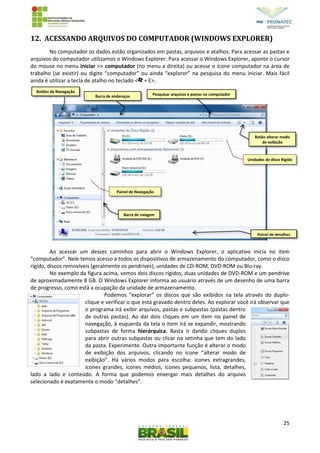25
12. ACESSANDO ARQUIVOS DO COMPUTADOR (WINDOWS EXPLORER)
No computador os dados estão organizados em pastas, arquivos e atalhos. Para acessar as pastas e
arquivos do computador utilizamos o Windows Explorer. Para acessar o Windows Explorer, aponte o cursor
do mouse no menu iniciar >> computador (no menu a direita) ou acesse o ícone computador na área de
trabalho (se existir) ou digite “computador” ou ainda “explorer” na pesquisa do menu iniciar. Mais fácil
ainda é utilizar a tecla de atalho no teclado < + E>.
.
Ao acessar um desses caminhos para abrir o Windows Explorer, o aplicativo inicia no item
“computador”. Nele temos acesso a todos os dispositivos de armazenamento do computador, como o disco
rígido, discos removíveis (geralmente os pendrives), unidades de CD-ROM, DVD-ROM ou Blu-ray.
No exemplo da figura acima, vemos dois discos rígidos, duas unidades de DVD-ROM e um pendrive
de aproximadamente 8 GB. O Windows Explorer informa ao usuário através de um desenho de uma barra
de progresso, como está a ocupação da unidade de armazenamento.
Podemos “explorar” os discos que são exibidos na tela através do duplo-
clique e verificar o que está gravado dentro deles. Ao explorar você irá observar que
o programa irá exibir arquivos, pastas e subpastas (pastas dentro
de outras pastas). Ao dar dois cliques em um item no painel de
navegação, à esquerda da tela o item irá se expandir, mostrando
subpastas de forma hierárquica. Basta ir dando cliques duplos
para abrir outras subpastas ou clicar na setinha que tem do lado
da pasta. Experimente. Outra importante função é alterar o modo
de exibição dos arquivos, clicando no ícone “alterar modo de
exibição”. Há vários modos para escolha: ícones extragrandes,
ícones grandes, ícones médios, ícones pequenos, lista, detalhes,
lado a lado e conteúdo. A forma que podemos enxergar mais detalhes do arquivo
selecionado é exatamente o modo “detalhes”.
Painel de detalhes
Barra de rolagem
Unidades de disco Rígido
Painel de Navegação
Pesquisar arquivos e pastas no computadorBarra de endereços
Botões de Navegação
Botão alterar modo
de exibição
 