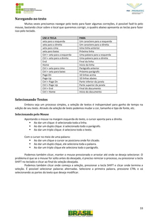 33
Navegando no texto
Muitas vezes precisamos navegar pelo texto para fazer algumas correções, é possível fazê-lo pelo
mouse, bastando clicar sobre o local que queremos corrigir, o quadro abaixo apresenta as teclas para fazer
isso pelo teclado.
USE A TECLA PARA
seta para a esquerda Um caractere para a esquerda
seta para a direita Um caractere para a direita
seta para cima Uma linha anterior
seta para baixo Próxima linha
Ctrl + seta para a esquerda Uma palavra para a esquerda
Ctrl + seta para a direita Uma palavra para a direita
End Final da linha
Home Início da linha
Ctrl + seta para cima Parágrafo anterior
Ctrl + seta para baixo Próximo parágrafo
Page Dn 10 linhas acima
Page Up 10 linhas abaixo
Ctrl + Page Dn Parte inferior da janela
Ctrl + Page Up Parte superior da janela
Ctrl + End Final do documento
Ctrl + Home Início do documento
Selecionando Textos
Embora seja um processo simples, a seleção de textos é indispensável para ganho de tempo na
edição de seu texto. Através da seleção de texto podemos mudar a cor, tamanho e tipo de fonte, etc.
Selecionando pelo Mouse
Apontando o mouse na margem esquerda do texto, o cursor aponta para a direita.
 Ao dar um clique: é selecionada toda a linha.
 Ao dar um duplo clique: é selecionado todo o parágrafo.
 Ao dar um triplo clique: é seleciono todo o texto.
Com o cursor no meio de uma palavra:
 Ao dar um clique o cursor se posiciona onde foi clicado.
 Ao dar um duplo clique, ele seleciona toda a palavra.
 Ao dar um triplo clique ele seleciona todo o parágrafo.
Podemos também clicar, manter o mouse pressionado e arrastar até onde se deseja selecionar. O
problema é que se o mouse for solto antes do desejado, é preciso reiniciar o processo, ou pressionar a tecla
SHIFT no teclado e clicar ao final da seleção desejada.
Podemos também clicar onde começa a seleção, pressionar a tecla SHIFT e clicar onde termina a
seleção. É possível selecionar palavras alternadas. Selecione a primeira palavra, pressione CTRL e vá
selecionando as partes do texto que deseja modificar.
 