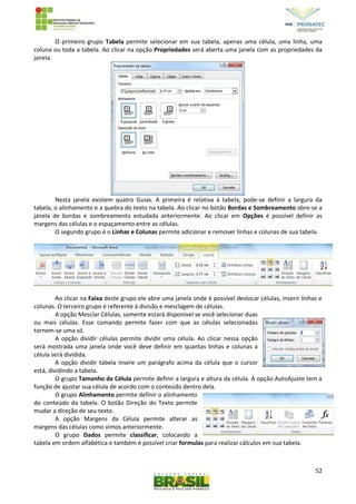 52
O primeiro grupo Tabela permite selecionar em sua tabela, apenas uma célula, uma linha, uma
coluna ou toda a tabela. Ao clicar na opção Propriedades será aberta uma janela com as propriedades da
janela.
Nesta janela existem quatro Guias. A primeira é relativa à tabela, pode-se definir a largura da
tabela, o alinhamento e a quebra do texto na tabela. Ao clicar no botão Bordas e Sombreamento abre-se a
janela de bordas e sombreamento estudada anteriormente. Ao clicar em Opções é possível definir as
margens das células e o espaçamento entre as células.
O segundo grupo é o Linhas e Colunas permite adicionar e remover linhas e colunas de sua tabela.
Ao clicar na Faixa deste grupo ele abre uma janela onde é possível deslocar células, inserir linhas e
colunas. O terceiro grupo é referente à divisão e mesclagem de células.
A opção Mesclar Células, somente estará disponível se você selecionar duas
ou mais células. Esse comando permite fazer com que as células selecionadas
tornem-se uma só.
A opção dividir células permite dividir uma célula. Ao clicar nessa opção
será mostrada uma janela onde você deve definir em quantas linhas e colunas a
célula será dividida.
A opção dividir tabela insere um parágrafo acima da célula que o cursor
está, dividindo a tabela.
O grupo Tamanho da Célula permite definir a largura e altura da célula. A opção AutoAjuste tem a
função de ajustar sua célula de acordo com o conteúdo dentro dela.
O grupo Alinhamento permite definir o alinhamento
do conteúdo da tabela. O botão Direção do Texto permite
mudar a direção de seu texto.
A opção Margens da Célula permite alterar as
margens das células como vimos anteriormente.
O grupo Dados permite classificar, colocando a
tabela em ordem alfabética e também é possível criar formulas para realizar cálculos em sua tabela.
 