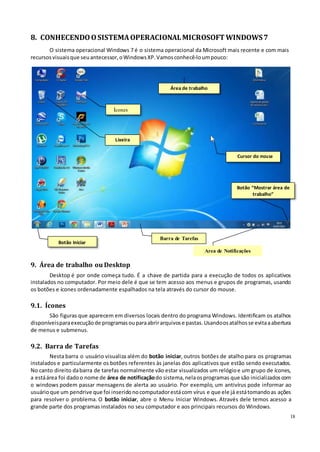18
Barra de Tarefas
8. CONHECENDOOSISTEMAOPERACIONALMICROSOFT WINDOWS7
O sistema operacional Windows 7 é o sistema operacional da Microsoft mais recente e com mais
recursosvisuaisque seuantecessor,oWindowsXP.Vamosconhecê-loumpouco:
Área de trabalho
Ícones
Lixeira
Cursor do mouse
Botão “Mostrar área de
trabalho”
Botão Iniciar
9. Área de trabalho ou Desktop
Desktop é por onde começa tudo. É a chave de partida para a execução de todos os aplicativos
instalados no computador. Por meio dele é que se tem acesso aos menus e grupos de programas, usando
os botões e ícones ordenadamente espalhados na tela através do cursor do mouse.
9.1. Ícones
São figuras que aparecem em diversos locais dentro do programa Windows. Identificam os atalhos
disponíveisparaexecuçãode programasouparaabrirarquivose pastas. Usandoosatalhosse evitaaabertura
de menus e submenus.
9.2. Barra de Tarefas
Nesta barra o usuário visualiza além do botão iniciar, outros botões de atalho para os programas
instalados e particularmente os botões referentes às janelas dos aplicativos que estão sendo executados.
No canto direito dabarra de tarefas normalmente vão estar visualizados um relógioe um grupo de ícones,
a estáárea foi dadoo nome de área de notificaçãodo sistema,nelaosprogramas que são inicializadoscom
o windows podem passar mensagens de alerta ao usuário. Por exemplo, um antivírus pode informar ao
usuárioque um pendrive que foi inseridonocomputadorestácom vírus e que ele já estátomandoas ações
para resolver o problema. O botão iniciar, abre o Menu Iniciar Windows. Através dele temos acesso a
grande parte dos programas instalados no seu computador e aos principais recursos do Windows.
Area de Notificações
 
