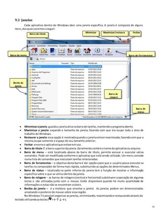 19
r
9.3 Janelas
Cada aplicativo dentro do Windows abre uma janela específica. A janela é composta de alguns
itens, dosquaisveremosaseguir:
Barra de título
Minimizar Maximizar/restaura Fechar
Barra de menu Barra de Ferramentas
Borda da
janela
Barra de
rolagem
Barra de
status
 Minimizara janela: guardaa janelaativanabarra de tarefas, mantendooprogramaaberto.
 Maximizar a janela: expande o tamanho da janela, fazendo com que ela ocupe toda a área de
trabalho do Windows.
 Restaurar a janela: essa opção é mostradaquando a janelaestivermaximizada, fazendocomque a
mesma ocupe somente o espaço do seu tamanho anterior.
 Fechar: encerrao aplicativoque estiveremuso.
 Barra de título:É a barra superiordajanela.Geralmente contémonome doaplicativoouarquivo.
 Barra de menu – está localizada abaixo da barra de título, permite acessar e executar vários
comandos. Pode ser modificada conforme o aplicativo que está sendo utilizado. Um menu consiste
numa lista de comandos que executam tarefas relacionadas.
 Barra de ferramentas – o objetivo desta barra é dar opções para que o usuário possa executar as
tarefas no computador de forma mais rápida, substituindo as opções de determinados Menus.
 Barra de status – localizada na parte inferior da janela tem a função de mostrar a informação
especifica sobre o que se utiliza dentro da janela.
 Barra de rolagem – as barras de rolagens(vertical e horizontal) substituem aoperação de algumas
teclas e são utilizadas junto com o mouse. Estão disponíveis quando há muita quantidade de
informações e estas não se encontram visíveis.
 Bordas da janela – é a moldura que envolve a janela. As janelas podem ser dimensionadas
arrastando o ponteiro do mouse sobre essa região.
No Windows7 é possível organizarasjanelas, minimizando,maximizandoe restaurandoatravésdo
tecladoutilizandoasteclas( +←↑↓→ ).
 