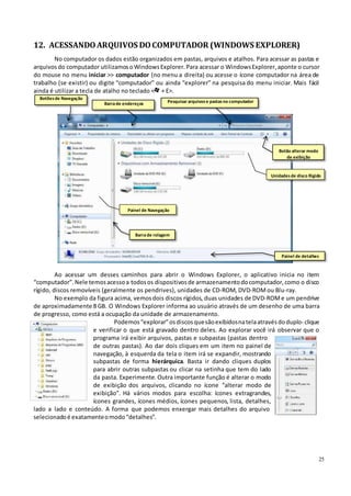 25
.
12. ACESSANDOARQUIVOS DOCOMPUTADOR (WINDOWS EXPLORER)
No computador os dados estão organizados em pastas, arquivos e atalhos. Para acessar as pastas e
arquivosdo computador utilizamosoWindowsExplorer. Para acessar o WindowsExplorer, aponte o cursor
do mouse no menu iniciar >> computador (no menu a direita) ou acesse o ícone computador na área de
trabalho (se existir) ou digite “computador” ou ainda “explorer” na pesquisa do menu iniciar. Mais fácil
ainda é utilizar a tecla de atalho no teclado < + E>.
Botõesde Navegação
Barrade endereços Pesquisar arquivose pastasno computador
Botão alterar modo
de exibição
Unidadesde disco Rígido
Painel de Navegação
Barrade rolagem
Painel de detalhes
Ao acessar um desses caminhos para abrir o Windows Explorer, o aplicativo inicia no item
“computador”.Nele temosacessoa todosos dispositivosde armazenamentodocomputador,como o disco
rígido, discos removíveis (geralmente os pendrives), unidades de CD-ROM, DVD-ROMou Blu-ray.
No exemplo da figura acima, vemosdois discos rígidos, duas unidades de DVD-ROMe um pendrive
de aproximadamente 8 GB. O Windows Explorer informa ao usuário através de um desenho de uma barra
de progresso, como está a ocupação da unidade de armazenamento.
Podemos“explorar”osdiscosquesãoexibidosnatelaatravésdoduplo- clique
e verificar o que está gravado dentro deles. Ao explorar você irá observar que o
programa irá exibir arquivos, pastas e subpastas (pastas dentro
de outras pastas). Ao dar dois cliques em um item no painel de
navegação, à esquerda da tela o item irá se expandir, mostrando
subpastas de forma hierárquica. Basta ir dando cliques duplos
para abrir outras subpastas ou clicar na setinha que tem do lado
da pasta. Experimente. Outra importante função é alterar o modo
de exibição dos arquivos, clicando no ícone “alterar modo de
exibição”. Há vários modos para escolha: ícones extragrandes,
ícones grandes, ícones médios, ícones pequenos, lista, detalhes,
lado a lado e conteúdo. A forma que podemos enxergar mais detalhes do arquivo
selecionadoé exatamenteomodo“detalhes”.
 
