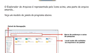 O Explorador de Arquivos é representado pelo ícone acima, uma pasta de arquivo
amarela...
Veja um modelo de janela do programa abaixo.
 