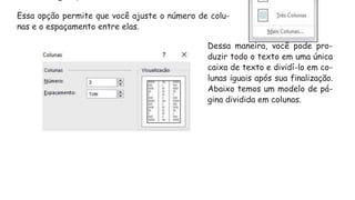 Essa opção permite que você ajuste o número de colu-
nas e o espaçamento entre elas.
Dessa maneira, você pode pro-
duzir todo o texto em uma única
caixa de texto e dividí-lo em co-
lunas iguais após sua finalização.
Abaixo temos um modelo de pá-
gina dividida em colunas.
 