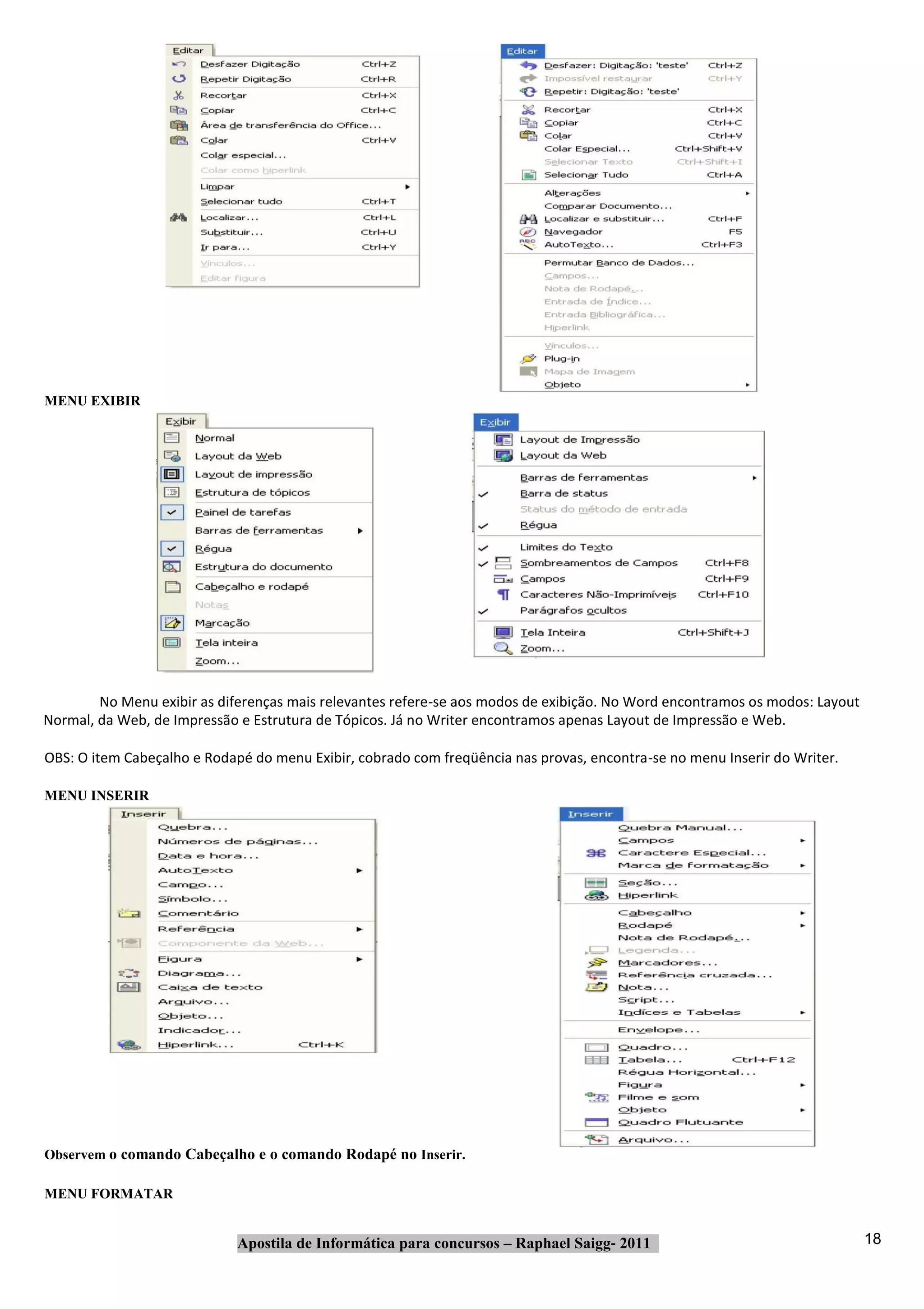 MENU EXIBIR




        No Menu exibir as diferenças mais relevantes refere‐se aos modos de exibição. No Word encontramos os modos: Layout
Normal, da Web, de Impressão e Estrutura de Tópicos. Já no Writer encontramos apenas Layout de Impressão e Web.

OBS: O item Cabeçalho e Rodapé do menu Exibir, cobrado com freqüência nas provas, encontra‐se no menu Inserir do Writer.

MENU INSERIR




Observem o comando Cabeçalho e o comando Rodapé no Inserir.

MENU FORMATAR


                             Apostila de Informática para concursos – Raphael Saigg‐ 2011                                    18
 