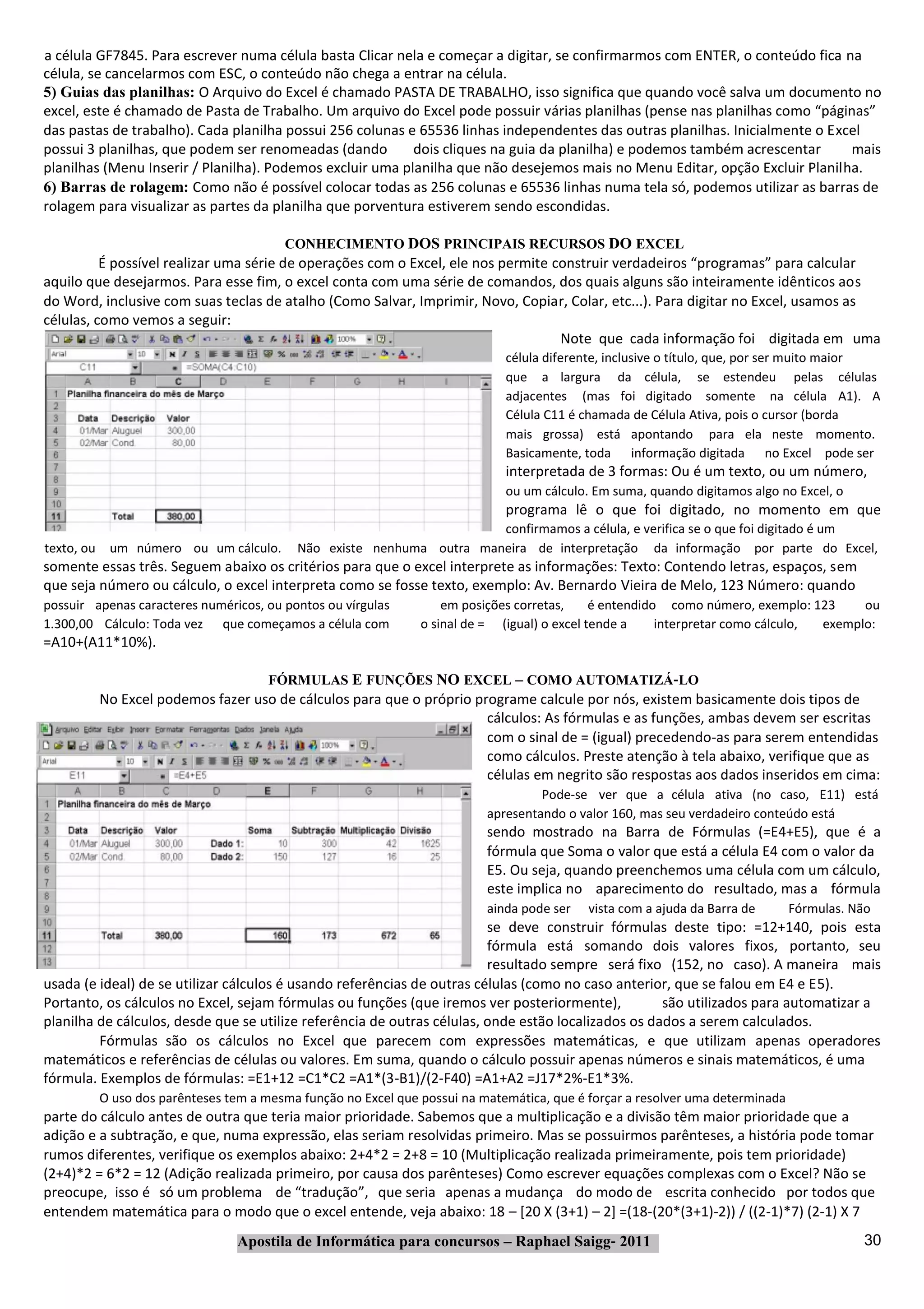 a célula GF7845. Para escrever numa célula basta Clicar nela e começar a digitar, se confirmarmos com ENTER, o conteúdo fica na
célula, se cancelarmos com ESC, o conteúdo não chega a entrar na célula.
5) Guias das planilhas: O Arquivo do Excel é chamado PASTA DE TRABALHO, isso significa que quando você salva um documento no
excel, este é chamado de Pasta de Trabalho. Um arquivo do Excel pode possuir várias planilhas (pense nas planilhas como “páginas”
das pastas de trabalho). Cada planilha possui 256 colunas e 65536 linhas independentes das outras planilhas. Inicialmente o Excel
possui 3 planilhas, que podem ser renomeadas (dando        dois cliques na guia da planilha) e podemos também acrescentar      mais
planilhas (Menu Inserir / Planilha). Podemos excluir uma planilha que não desejemos mais no Menu Editar, opção Excluir Planilha.
6) Barras de rolagem: Como não é possível colocar todas as 256 colunas e 65536 linhas numa tela só, podemos utilizar as barras de
rolagem para visualizar as partes da planilha que porventura estiverem sendo escondidas.

                                          CONHECIMENTO DOS PRINCIPAIS RECURSOS DO EXCEL
          É possível realizar uma série de operações com o Excel, ele nos permite construir verdadeiros “programas” para calcular
aquilo que desejarmos. Para esse fim, o excel conta com uma série de comandos, dos quais alguns são inteiramente idênticos aos
do Word, inclusive com suas teclas de atalho (Como Salvar, Imprimir, Novo, Copiar, Colar, etc...). Para digitar no Excel, usamos as
células, como vemos a seguir:
                                                                                   Note que cada informação foi digitada em uma
                                                                               célula diferente, inclusive o título, que, por ser muito maior
                                                                               que a largura da célula, se estendeu pelas células
                                                                               adjacentes (mas foi digitado somente na célula A1). A
                                                                               Célula C11 é chamada de Célula Ativa, pois o cursor (borda
                                                                               mais grossa) está apontando para ela neste momento.
                                                                               Basicamente, toda informação digitada no Excel pode ser
                                                                               interpretada de 3 formas: Ou é um texto, ou um número,
                                                                               ou um cálculo. Em suma, quando digitamos algo no Excel, o
                                                                               programa lê o que foi digitado, no momento em que
                                                                        confirmamos a célula, e verifica se o que foi digitado é um
texto, ou    um número ou um cálculo.       Não existe nenhuma outra maneira de interpretação da informação por parte do Excel,
somente essas três. Seguem abaixo os critérios para que o excel interprete as informações: Texto: Contendo letras, espaços, sem
que seja número ou cálculo, o excel interpreta como se fosse texto, exemplo: Av. Bernardo Vieira de Melo, 123 Número: quando
possuir apenas caracteres numéricos, ou pontos ou vírgulas           em posições corretas,     é entendido como número, exemplo: 123      ou
1.300,00 Cálculo: Toda vez que começamos a célula com            o sinal de = (igual) o excel tende a     interpretar como cálculo, exemplo:
=A10+(A11*10%).

                                     FÓRMULAS E FUNÇÕES NO EXCEL – COMO AUTOMATIZÁ‐LO
            No Excel podemos fazer uso de cálculos para que o próprio programe calcule por nós, existem basicamente dois tipos de
                                                                        cálculos: As fórmulas e as funções, ambas devem ser escritas
                                                                        com o sinal de = (igual) precedendo‐as para serem entendidas
                                                                        como cálculos. Preste atenção à tela abaixo, verifique que as
                                                                        células em negrito são respostas aos dados inseridos em cima:
                                                                                     Pode‐se ver que a célula ativa (no caso, E11) está
                                                                            apresentando o valor 160, mas seu verdadeiro conteúdo está
                                                                            sendo mostrado na Barra de Fórmulas (=E4+E5), que é a
                                                                            fórmula que Soma o valor que está a célula E4 com o valor da
                                                                            E5. Ou seja, quando preenchemos uma célula com um cálculo,
                                                                            este implica no aparecimento do resultado, mas a fórmula
                                                                            ainda pode ser   vista com a ajuda da Barra de       Fórmulas. Não
                                                                         se deve construir fórmulas deste tipo: =12+140, pois esta
                                                                         fórmula está somando dois valores fixos, portanto, seu
                                                                         resultado sempre será fixo (152, no caso). A maneira mais
usada (e ideal) de se utilizar cálculos é usando referências de outras células (como no caso anterior, que se falou em E4 e E5).
Portanto, os cálculos no Excel, sejam fórmulas ou funções (que iremos ver posteriormente),           são utilizados para automatizar a
planilha de cálculos, desde que se utilize referência de outras células, onde estão localizados os dados a serem calculados.
         Fórmulas são os cálculos no Excel que parecem com expressões matemáticas, e que utilizam apenas operadores
matemáticos e referências de células ou valores. Em suma, quando o cálculo possuir apenas números e sinais matemáticos, é uma
fórmula. Exemplos de fórmulas: =E1+12 =C1*C2 =A1*(3‐B1)/(2‐F40) =A1+A2 =J17*2%‐E1*3%.
            O uso dos parênteses tem a mesma função no Excel que possui na matemática, que é forçar a resolver uma determinada
parte do cálculo antes de outra que teria maior prioridade. Sabemos que a multiplicação e a divisão têm maior prioridade que a
adição e a subtração, e que, numa expressão, elas seriam resolvidas primeiro. Mas se possuirmos parênteses, a história pode tomar
rumos diferentes, verifique os exemplos abaixo: 2+4*2 = 2+8 = 10 (Multiplicação realizada primeiramente, pois tem prioridade)
(2+4)*2 = 6*2 = 12 (Adição realizada primeiro, por causa dos parênteses) Como escrever equações complexas com o Excel? Não se
preocupe, isso é só um problema de “tradução”, que seria apenas a mudança do modo de escrita conhecido por todos que
entendem matemática para o modo que o excel entende, veja abaixo: 18 – [20 X (3+1) – 2] =(18‐(20*(3+1)‐2)) / ((2‐1)*7) (2‐1) X 7
                                  Apostila de Informática para concursos – Raphael Saigg‐ 2011                                              30
 