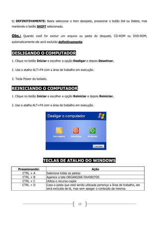 b) DEFINITIVAMENTE: Basta selecionar o item desejado, pressionar o botão Del ou Delete, mas
mantendo o botão SHIFT selecionado.


Obs.: Quando você for excluir um arquivo ou pasta do disquete, CD-ROM ou DVD-ROM,
automaticamente ele será excluído definitivamente.


DESLIGANDO O COMPUTADOR
1. Clique no botão Iniciar e escolher a opção Desligar e depois Desativar.


2. Use o atalho ALT+F4 com a área de trabalho em execução.


3. Tecla Power do teclado.


REINICIANDO O COMPUTADOR
1. Clique no botão Iniciar e escolher a opção Reiniciar e depois Reiniciar.


2. Use o atalho ALT+F4 com a área de trabalho em execução.




                       TECLAS DE ATALHO DO WINDOWS
    Pressionando:                                         Ação
       CTRL + A          Seleciona todas as pastas
       CTRL + B          Aparece a tela ORGANIZAR FAVORITOS
       CTRL + C          Utiliza o recurso copiar
       CTRL + D          Caso a pasta que está sendo utilizada pertença a Área de trabalho, ele
                         será excluída de lá, mas sem apagar o conteúdo da mesma.




                                                 13
 