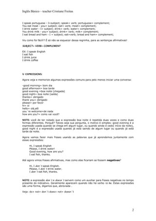 Inglês Básico – teacher Cristiane Freitas
I speak portuguese - I=subject; speak= verb; portuguese= complement;
You eat meat - you= subject; eat= verb; meat= complement;
I drink water - I= subject; drink= verb; water= complement;
You drink milk - you= subject; drink= verb; milk= complement;
I eat bread and ham - I = subject; eat=verb; bread and ham= complement;
Viu como foi fácil!? É só não se esquecer dessa regrinha, para as sentenças afirmativas!
SUBJECT+ VERB+ COMPLEMENT
EX: I speak English
I eat fish
I drink juice
I drink coffee
V- EXPRESSIONS:
Agora veja e memorize algumas expressões comuns para pelo menos iniciar uma conversa:
-good morning= bom dia
good afternoon= boa tarde
good evening =boa noite (chegada)
good night= boa noite (saída)
thanks= obrigado
thank you= obrigado
please= por favor
hi= oi
hello= olá,alô
you´re welcome=de nada
how are you?= como vai você?
NOTE: você de ter notado que a expressão boa noite é repetida duas vezes e como duas
formas diferentes. Porquê? Talves seja sua pergunta, o motivo é simples: good evening é a
expressão usada quando se chega em algum lugar, ou quando ainda é cedo( início da noite),
good night é a expressão usada quando já está saindo de algum lugar ou quando já está
tarde da noite.
Agora vamos fazer mais frases usando as palavras que já aprendemos juntamente com
essas expressões:
Hi, I speak English
Please, I drink water!
Good evening, how are you?
I eat fish, thanks.
Até agora vimos frases afirmativas, mas como elas ficariam se fossem negativas?
Hi, I don´t speak English.
Please, I don´t drink water.
I don´t eat fish, thanks.
NOTE: a expressão don´t e doesn´t servem como um auxiliar para frases negativas no tempo
presente do indicativo. Geralmente aparecem quando não há verbo to be. Estas expressões
são uma forma, digamos que, abreviada .
Veja: do+ not= don´t does+ not= doesn´t
2
 