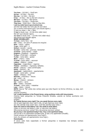 Inglês Básico – teacher Cristiane Freitas

You have – (iúl hév) – Você tem
He has – (hí hés) – Ele tem
She has – (xí hés) – Ela tem
It has – (it hés) – Ele ou Ela tem (neutro)
We have – (uí hév) – Nós temos
You have – (iúl hév) – Vocês tem
They have – (Dzêi hév) – Eles ou Elas têm.
I and my sister have to go at school now.
(Ái ênd mái sístâr hév tchú gôu ét scúl nául)
(Eu e minha irmã temos que ir pra escola agora.)
(I and my sister = We = Nós)
It has to study now - (ít hés tchú stâdi nául)
Ele tem que estudar agora.
We have to study now. – (Uí hév tchú stâdi nául)
Nós temos que estudar agora.
MORE VOCABULARY:
To have – (tchú hév) - ter
has – (hés) – ter para 3ª pessoa do singular.
Now – (nául) – agora
To go – (tchú gôl) – ir
School – (scúol) – escola
To need – (tchú níd) - precisar, necessitar
To travel – (tchú trévól) – viajar
England – (Ínglând) – Inglaterra
To buy – (Tchú bái) – comprar
To like – (tchú láik) – gostar
More – (mórr) – mais
To write – (tchú ráite) – escrever
Letters – (létêrs) – cartas
Cigarettes – (cigarrétss) – cigarros
Tickets – (tíckêtss) – ingressos, bilhetes.
House – (háuzz) – casa (construção)
Home – (hômm) – lar
Apartment – (apártmênt) – apartamento
To sell – (tchú séll) – vender
Tapes – (Têipss) – fitas
Records - (récórdzz) – discos
Cd – (cídí) – cd
Money – (mânii) - dinheiro
Car – (cárr) – carro
Bike – (báik) – bicicleta
To work – (tchú uôrk) – trabalhar
Less – (léss) – menos
NOTE: Usa-se “To” antes dos verbos para que eles fiquem na forma infinitiva, ou seja, sem
Pronome
pessoal (Sujeito).
Let’ s make questions in the Present tense, using auxiliarys verbs with long answers.
(Vamos fazer perguntas no Tempo Presente Simples, usando os verbos auxiliares com
respostas
longas).
Do I speak German every night? Yes, you speak German every night.
(Dú ái spík Dgérmân éveri náit?) (iés, iúl spík Djérman éveri náit)
(Eu falo alemão toda noite? Sim, você fala alemão toda noite.)
Does she need to write letters? Yes, she needs to write letters.
(Dâzz xí níd tchú ráit létârs?) (Iés, xí níds tchú ráit létârs).
(Ela precisa escrever cartas? Sim, ela precisa escrever cartas)
Do you buy a new apartment today? Yes, I buy a new apartment today.
(Dú iúl bái a níu apartmênt tchúdêi?)(iés, ái bái a níu apártmênt tchudêi).
(Você compra um apartamento novo hoje?).
(sim, Eu compro um apartamento novo hoje.).
Conclusão:
O aluno está mais capacitado a formar perguntas e respostas nos tempos verbais
apresentados.




                                                                                     102
 