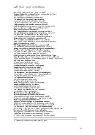 Inglês Básico – teacher Cristiane Freitas

(iés, hí uíl) (Nôu, Hí uíl nót.) (Nôu , hí uônt.)
We travel to London next year? Falta a conjugação no Futuro
(Uí Trévol tchú Lândon nécst íâr?)
Nós viajar para Londres no próximo ano?
Yes, we will. / No, We will not. (No, We won’t)
(iés, uí uíl) (Nôu, uí uíl nót) (Nôu, uí wônt.)
Sim, Nós viajaremos. Não, Nós não viajaremos.
They understand that problem tomorrow morning?
(Dzêi ânderstÊnd dzét próblemm tchumórrow mórninn?)
Eles entender esse problema amanhã de manhã?
(Falta a conjugação no tempo futuro.)
Will They understand that problem tomorrow morning ?
(Uíl dzêi ânderstênd dzét problem tchúmórrow mórninn?)
Yes, They will. / No, They will not. (No, They won’t)
(Sim, eles entenderão.) (Não, Eles não entenderão.)
Mary and John tell the situation next weekend?
(Méri ênd DJôn téul dzâ sitiuêichan nécst uíkênd?)
Mary e John contra a situação no próximo fim de semana?
(Falta a conjugação no Futuro)
Will Mary and John tell the situation next weekend?
(Uíl Méri ênd DJôn tell dzâ sitiuÊichan nécst uíkênd?)
Mary e John contarão a situação no próximo fim de semana?
Yes, They will. / No, They will not. (No, They won’t.)
(iés, dzêi uíl) (Nôu, Dzêi uíl nót.) (Nôu , dzêi wônt.)
Sim, Eles contarão. / Não, Eles não contarão.
Let’s learn now the other Verbal Tense, the Conditional Tense:
(Léts lârn nául dzâ ódâr Vârbol tense: Dzâ cândichionol tenseJ
Vamos aprender agora o outro tempo Verbal, o Tempo Condicional:
She study more tomorrow night?
(xí staid mórrr tchúmórrow náit ?)
Ela estudaria mais amanhã a noite?
( Falta a conjugação no tempo Condicional )
Would she study more tomorrow night?
(Uúld xí staid mórr tchumórrow náite?)
Ela estudaria mais amanhã a noite?
Yes, She would. / No, She would not. (No, she Wouldn’t.)
(iés, xí uúld.) (Nôu, xí uúld nót.) (Nôu, xí uúldânt.)
Sim, Ela estudaria. Não, Ela não estudaria.
You speak German next year ?
(iúl spííkk DGérman nécst íiâr?)
Você falar alemão próximo ano?
(Falta a conjugação no Tempo Condicional.)
Would you speak German next year?
(Uúld iúl spíkkk Dgérmân nécst íiâr?)
Você falaria alemão no próximo ano?
Yes, I would. / No, I would not.. (No , I wouldn’t.)
(iés, Ái uúld.) (Nôu, Ái uúldânt.)
(Sim, Eu falaria. / Não, Eu não falaria.)
My mother go to Rio de Janeiro next Holyday?
(Mái módâr goul tchú Rio de Janeiro nécst hólidêi?
Minha mãe ir para Rio de Janeiro no próximo feriado?
(Falta conjugar no tempo Condicional.)
Would my mother go to Rio de Janeiro next holiday?
(Uúld mái módder gôu tchú Rio de Janeiro nécst hólidêi?
Minha mãe iría para Rio de Janeiro no próximo feriado?
Yes, She would. / No, She would not. (No, She woudn’t.)
(iés, xí uúld.) (Sim, ela iría.) / (Nôu, xí uúldânt.) (Não, ela não iría.)
Exercises: Translate these sentences to English:
(Écsârçáisis): Translêite díízi sentences tchú Ínglâshh):
Exercícios: Traduza estas sentenças para o inglês:
a) Você estuda português todos os dias? Sim, Eu estudo.
_____________________________________________________________________
_____________________________________________________________________
b) Ela falou francês ontem? Não, ela não falou.
_____________________________________________________________________



                                                                             110
 