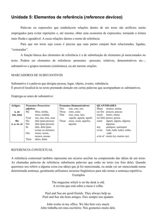 Unidade 5: Elementos de referência (reference devices)
Palavras ou expressões que estabelecem relações dentro de um texto são artifícios muito
empregados para evitar repetições e, até mesmo, obter uma economia de expressões, tornando a leitura
mais fluida e agradável. A essas relações damos o nome de referência.
Para que um texto seja coeso é preciso que suas partes estejam bem relacionadas, ligadas,
“costuradas”.
A função básica dos elementos de referência é a de substituição de elementos já mencionados no
texto. Podem ser elementos de referência: pronomes –pessoais, relativos, demonstrativos etc.–,
substantivos e grupos nominais (sinônimos), ou até mesmo orações.
MARCADORES DE SUBSTANTIVOS
Substantivo é a palavra que designa pessoa, lugar, objeto, evento, substância.
É possível localizá-la no texto prestando atenção em certas palavras que acompanham os substantivos.
Emprega-se antes de substantivo:
Artigos:
a, an
um, uma
the
o, a, os, as
Pronomes Possessivos
adjetivos
My Meu, minha,
meus, minhas
Your seu, sua, seus, suas
His dele (para pessoa)
Her dela (para pessoa)
Its dele, dela (para
coisas ou animais)
Our nosso, nossa,
nossos, nossas
Their deles, delas
Pronomes Demonstrativos:
This este, esta, isto
These estes, estas
That esse, essa, isso,
aquele, aquela, aquilo
Those esses, essas, aqueles,
aquelas
QUANTIDADES
Many muitos, muitas
(a) few poucos, poucas
much muito, muita
(a) little pouco, pouca
some algum, alguns, alguma,
algumas
any qualquer, quaisquer
every todo, toda, todos, todas,
cada
a lot of muito (a), muitos (as)
REFERENCIA CONTEXTUAL
A referência contextual também representa um recurso auxiliar na compreensão das idéias de um texto.
As chamadas palavras de referência substituem palavras que estão no texto (ou fora dele). Quando
queremos nos referir a alguma coisa (ou idéia) que já foi mencionada, ou ainda vai ser mencionada numa
determinada sentença, geralmente utilizamos recursos lingüísticos para não tornar a sentença repetitiva.
Exemplos
The magazine which is on the desk is old.
A revista que está sobre a mesa é velha.
Paul and Sue are good friends. They always help us.
Paul and Sue são bons amigos. Eles sempre nos ajudam.
John works in my office. We like him very much.
John trabalha em meu escritório. Nós gostamos muito dele.
 